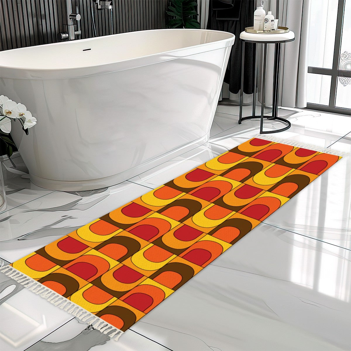 Mid Century Modern Groovy 70s Wave Brown Orange Yellow Rug Runner With Tassels - Mid Century Modern Gal