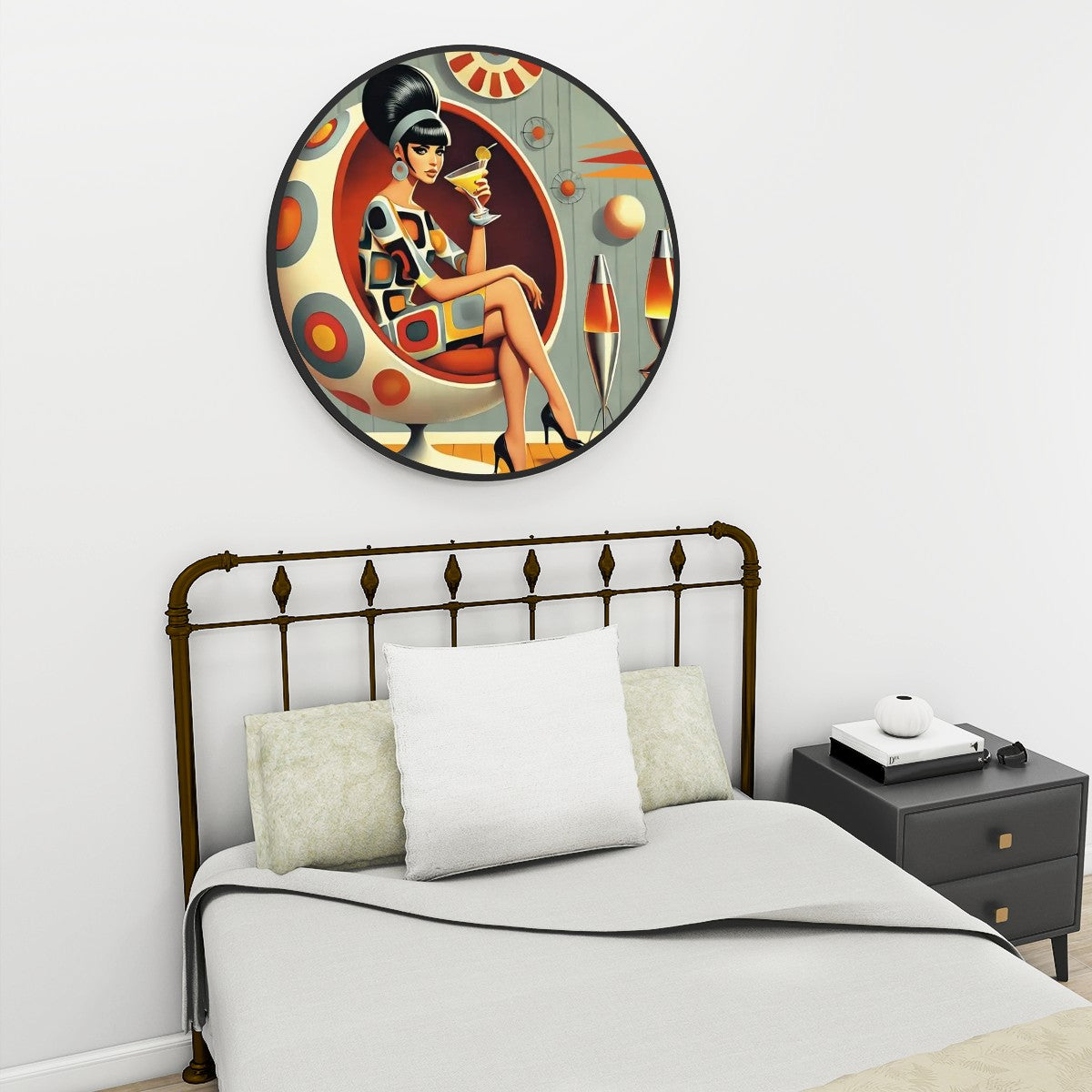 Mid Mod 60 Retro Gal Round Framed Canvas Wall Art - Mid Century Modern Gal