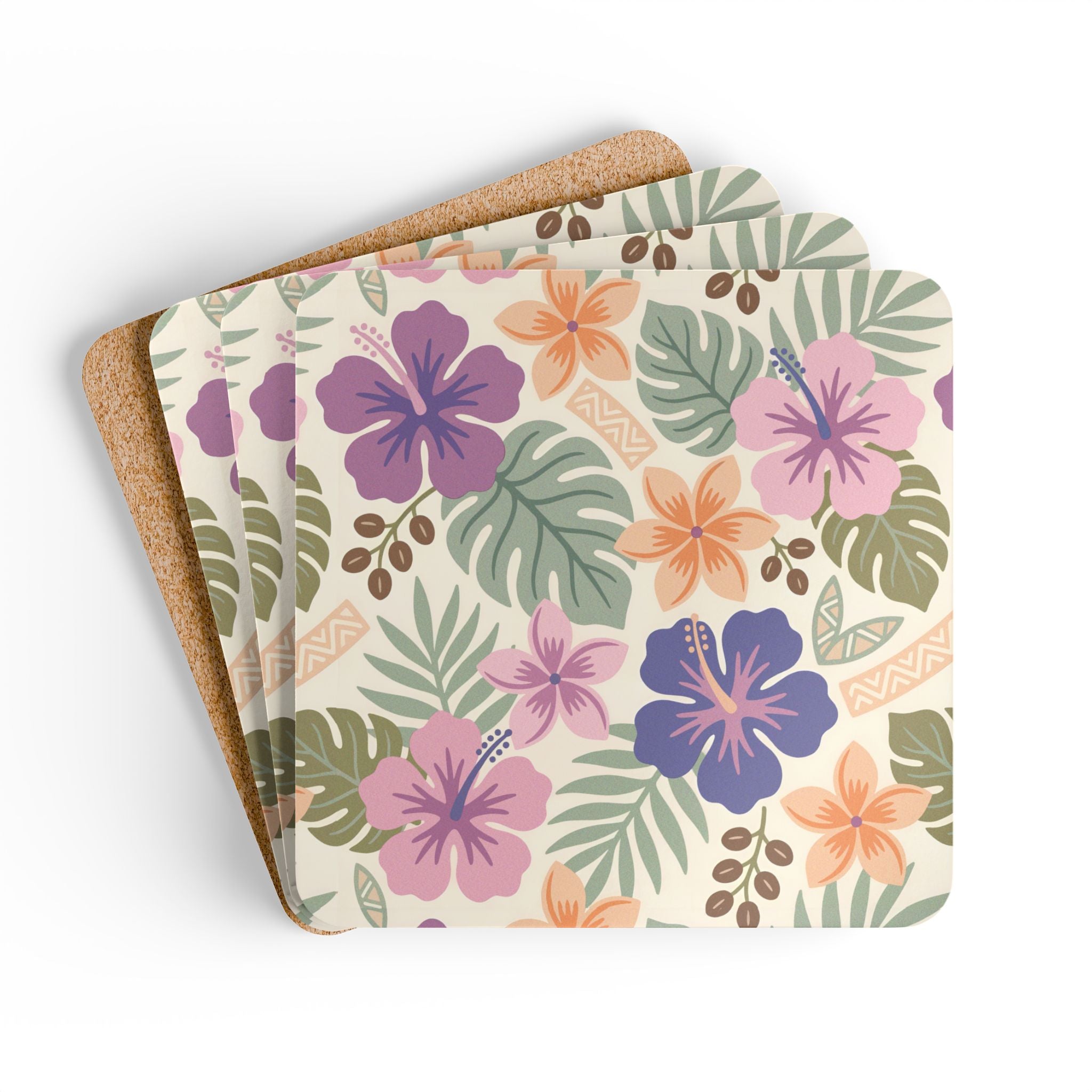 Retro Tropical Tiki Summer, Hawaiian Hibiscus Purple Corkwood Coaster Set - Mid Century Modern Gal