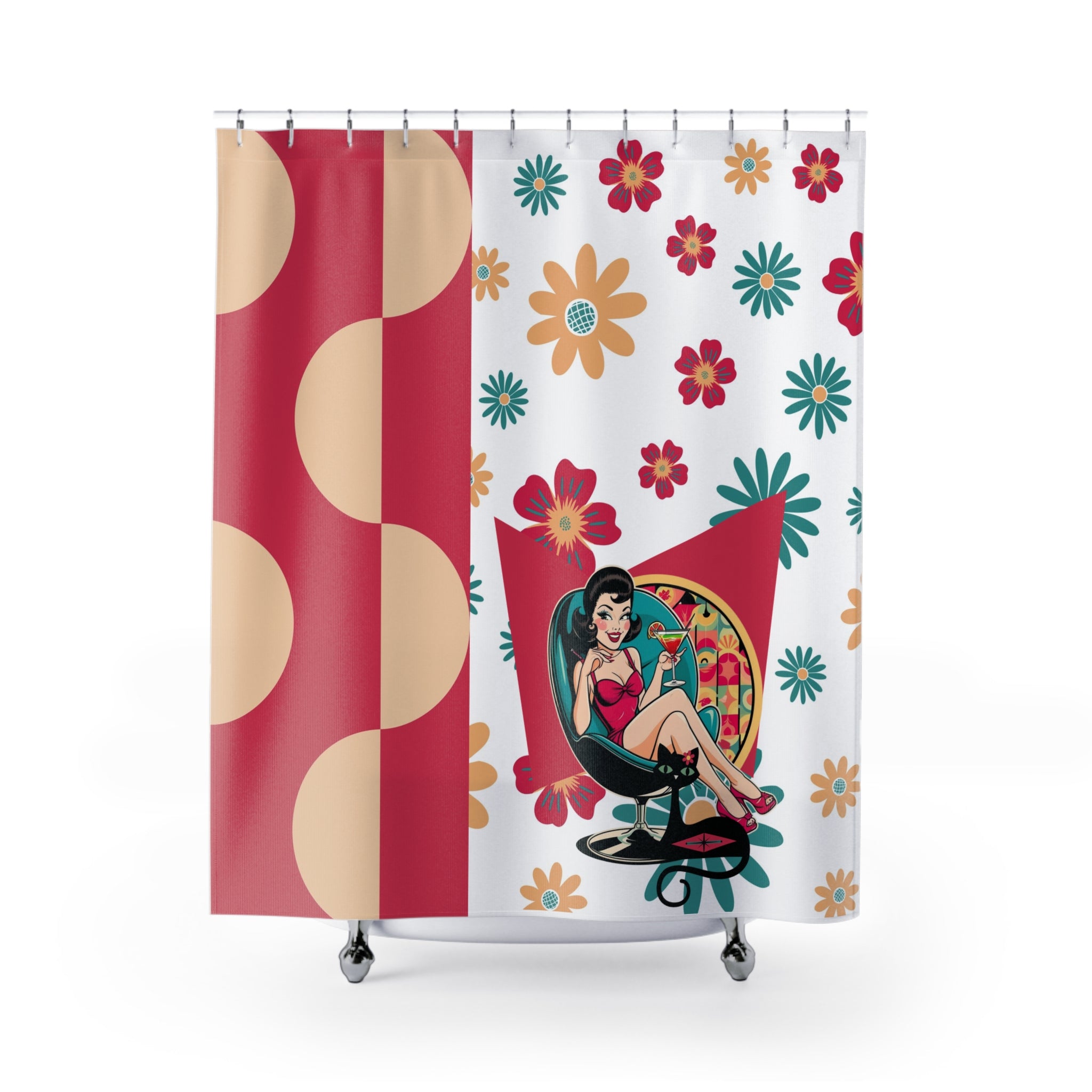 Mid Mod 60s Retro Gal Vintage Floral Shower Curtain | Retro Bathroom Decor | Boho Style - Mid Century Modern Gal