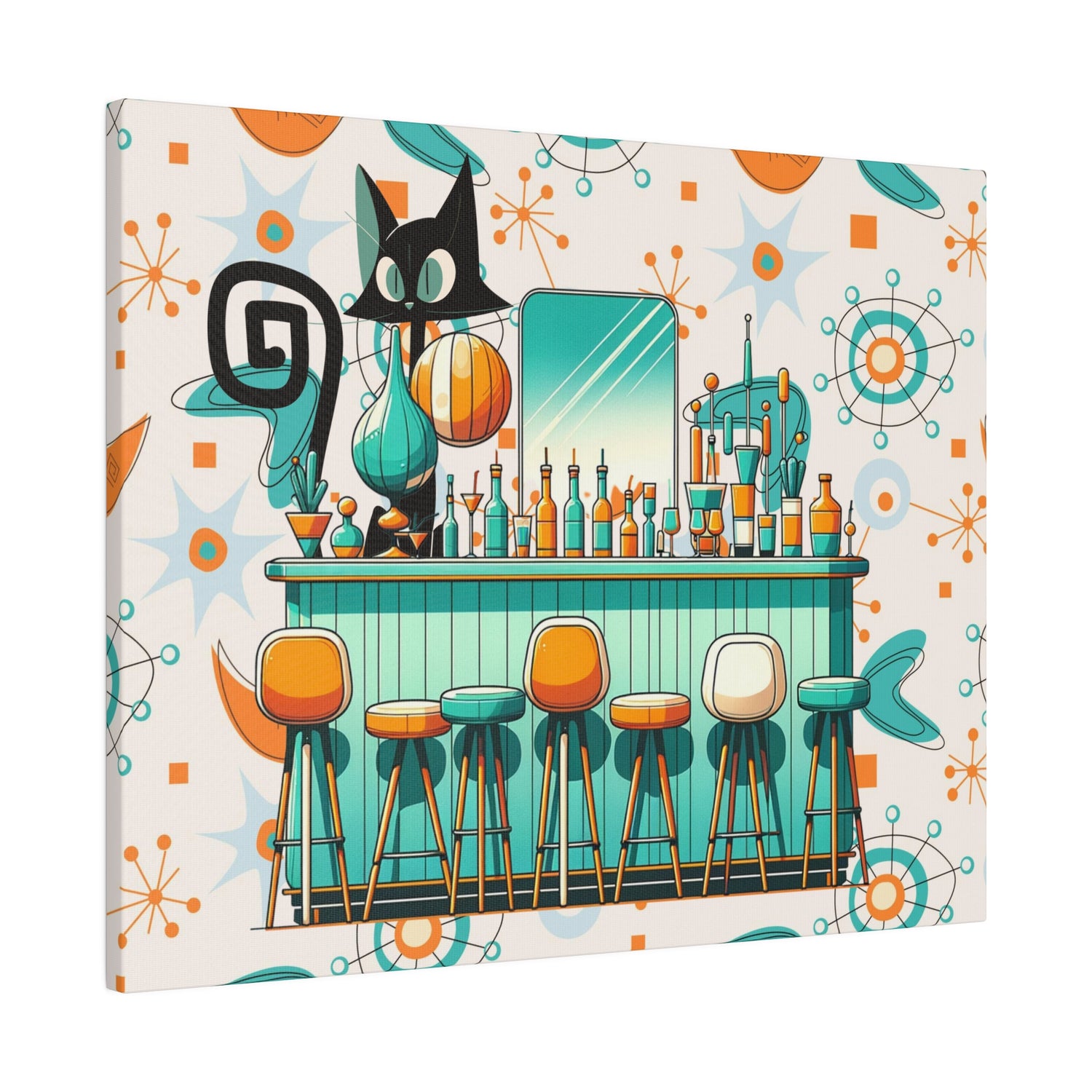 Atomic Cat, Mid Century Modern Kitschy Bar, Orange, Teal Mid Century Modern Wall Art - Mid Century Modern Gal