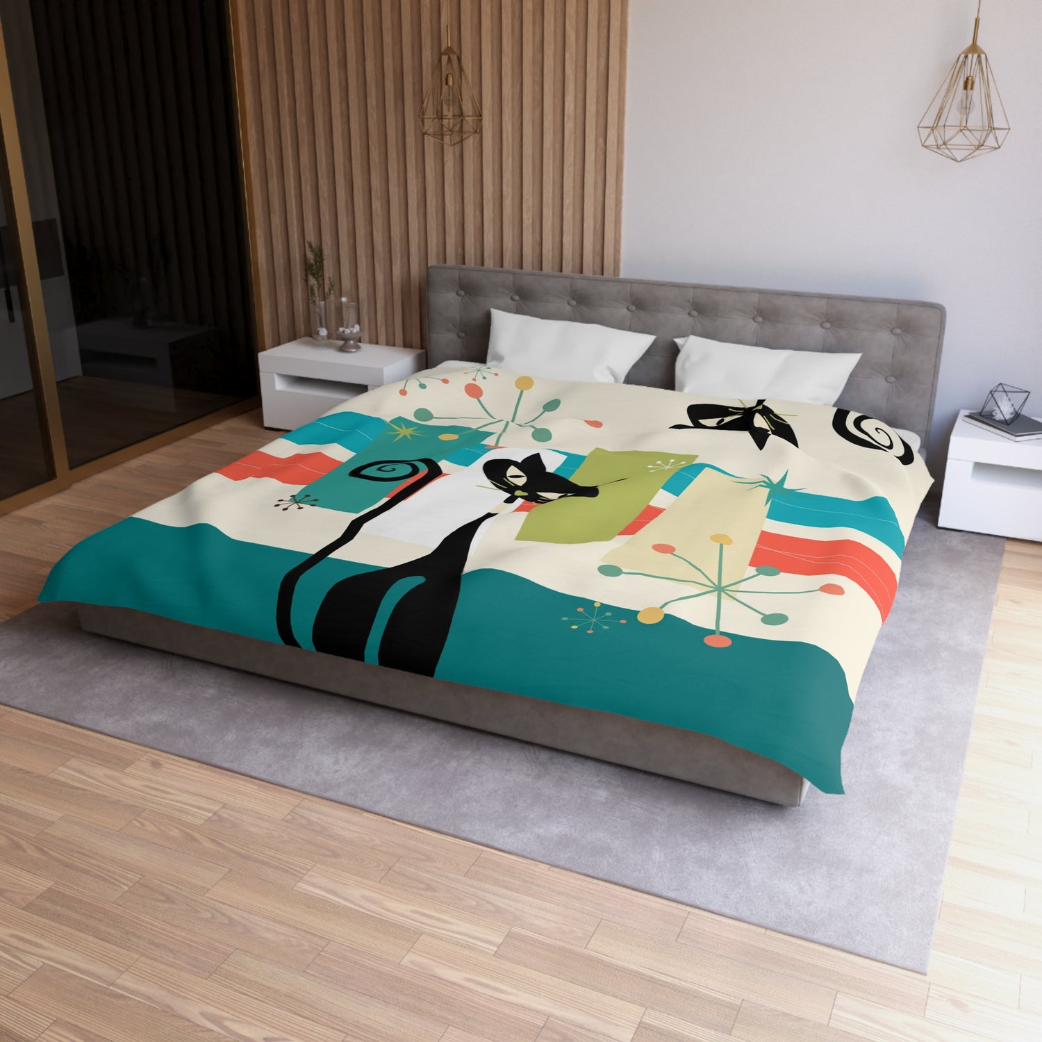 Mid Cenury Modern Atomic Cat, MCM Bedding, Starbursts,Teal, Orange,  KItschy Quirky Fun Duver Cover - Mid Century Modern Gal