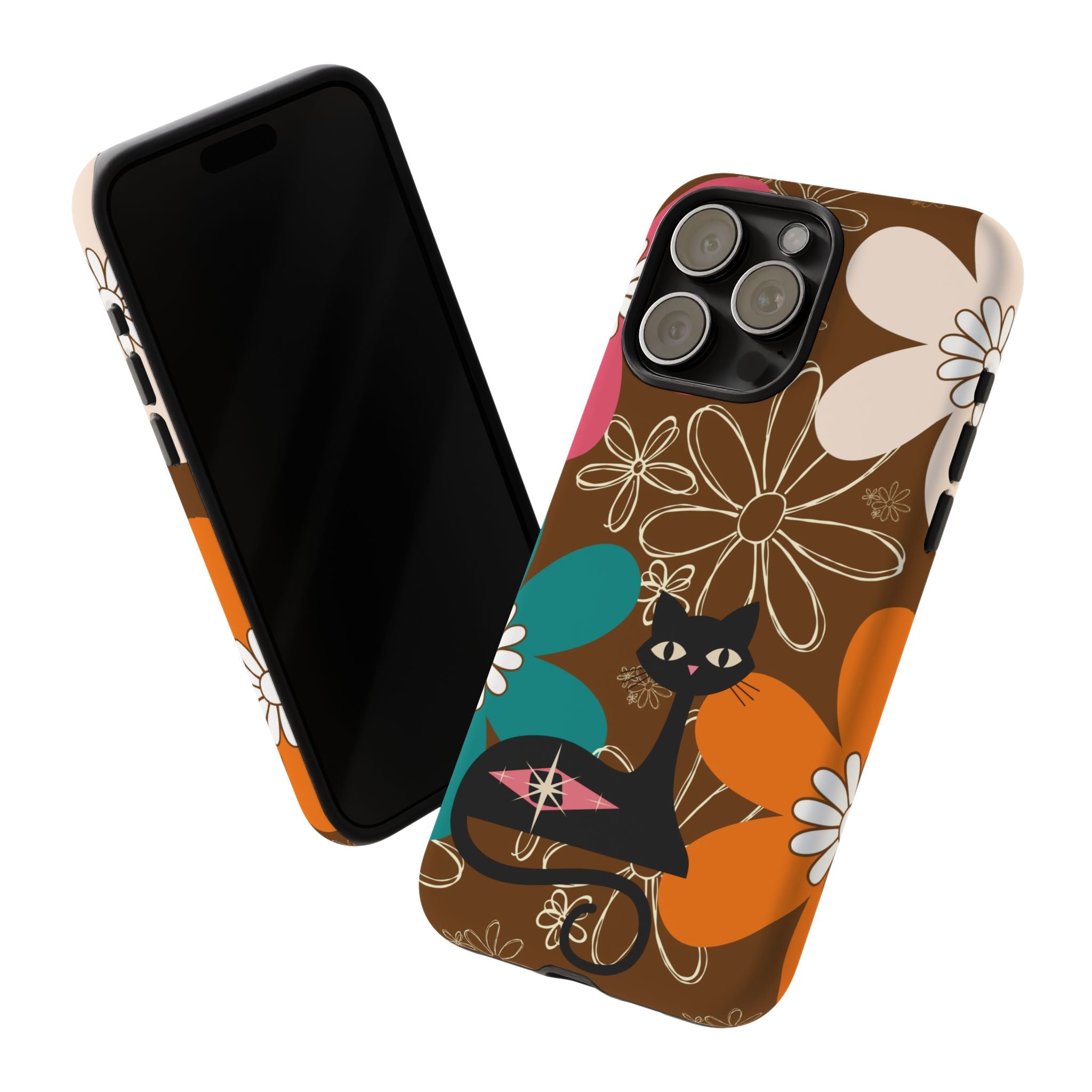 Atomic Cat Retro 70s Vibe Flower Power Tough Cases: Cute Floral and Cat Phone Case for Cat Lovers