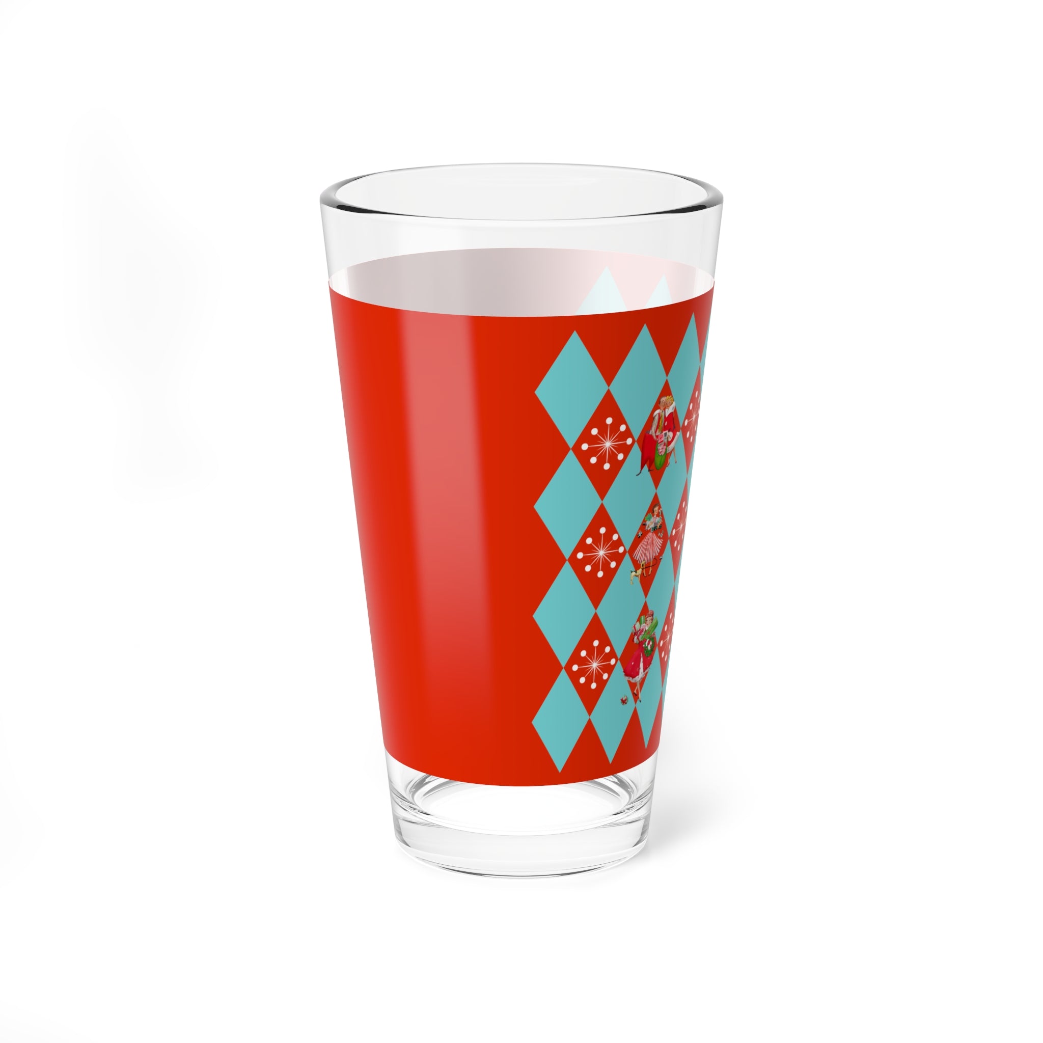 Christmas Glassware, Vintage Kitschy 50s Franciscan Diamond, Aqua Red, Holiday Tableware Mixing Glass, 16oz - Mid Century Modern Gal