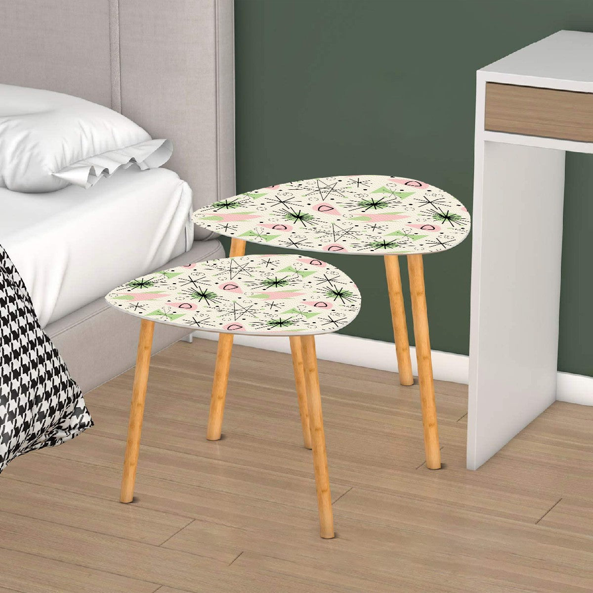 Mid Century Modern Atomic Starburst Vanilla White, Pink Green Nesting Tables - Mid Century Modern Gal