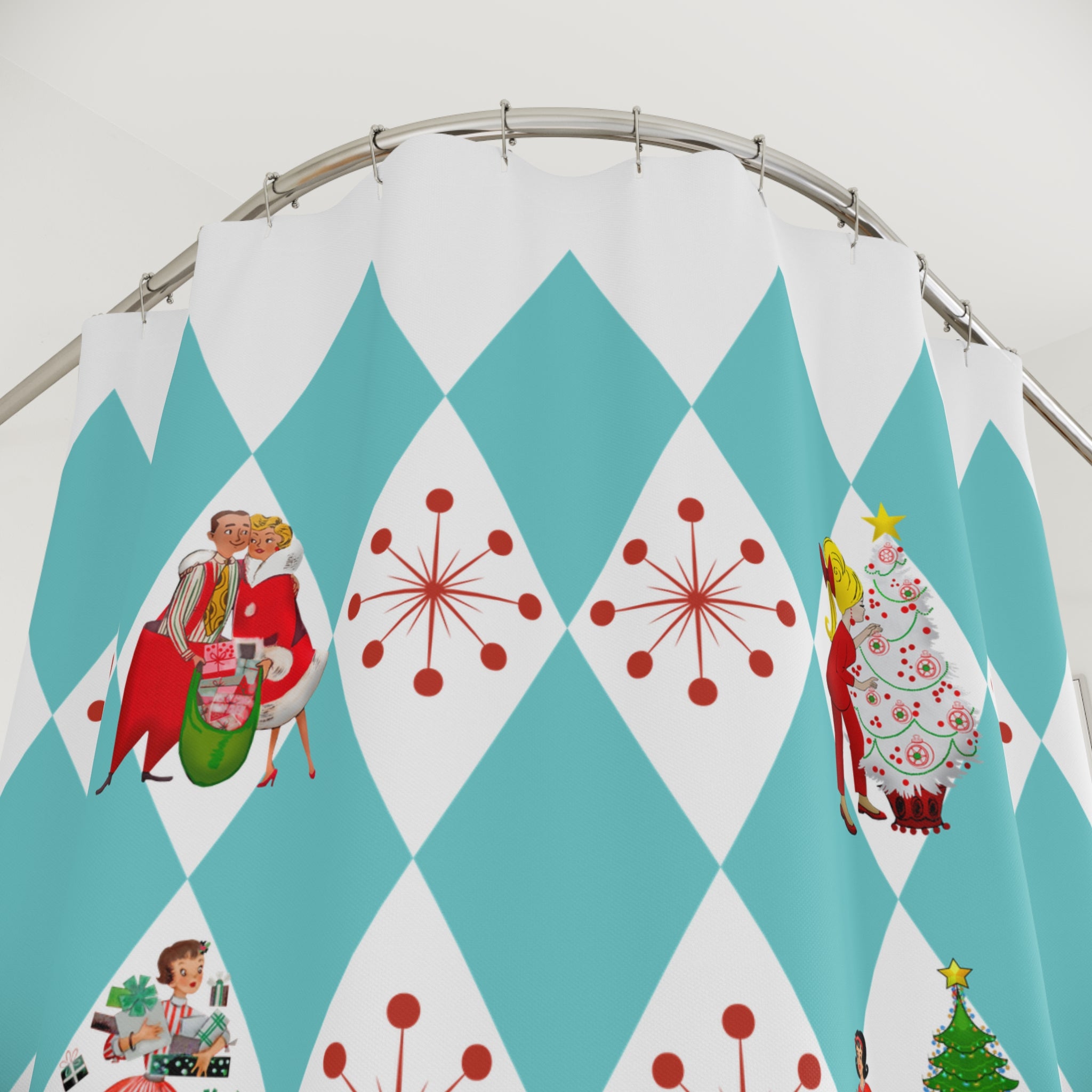 50s Holiday Kitsch, Mid Century Modern Aqua Blue, White Harlequin Diamond Starburst Christmas Shower Curtain - Mid Century Modern Gal