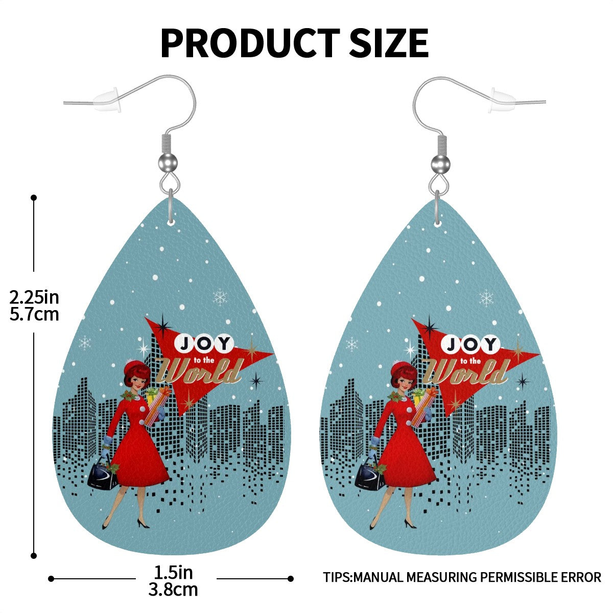 Mid Century Modern Christmas City Mod Gal Joy To The World Faux Leather Teardrop Earrings - Mid Century Modern Gal