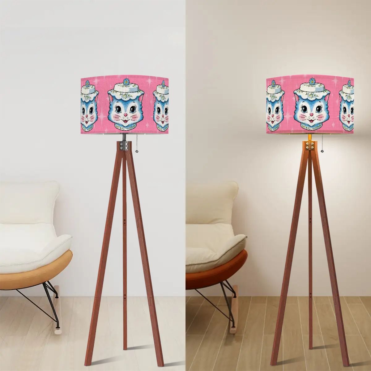 Mid Century Modern Kitschy Anthropomorphic Blue Cat with Floral Hat Tripod Floor Lamp