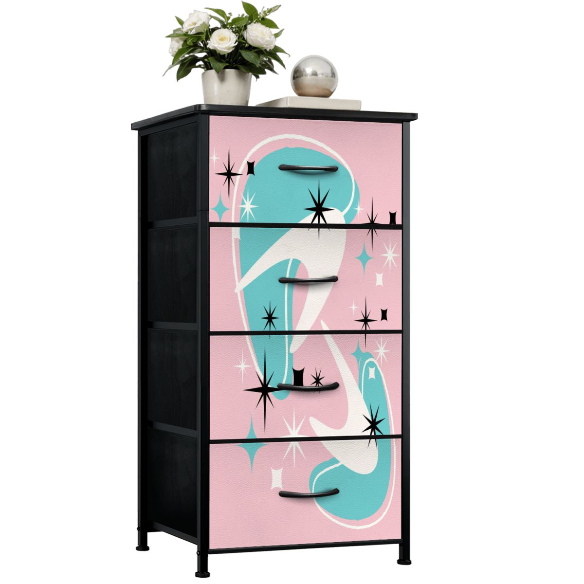 Atomic Starbursts and Boomerangs, Pink Aqua White Mid Century Modern 4-Drawer Dresser - Mid Century Modern Gal