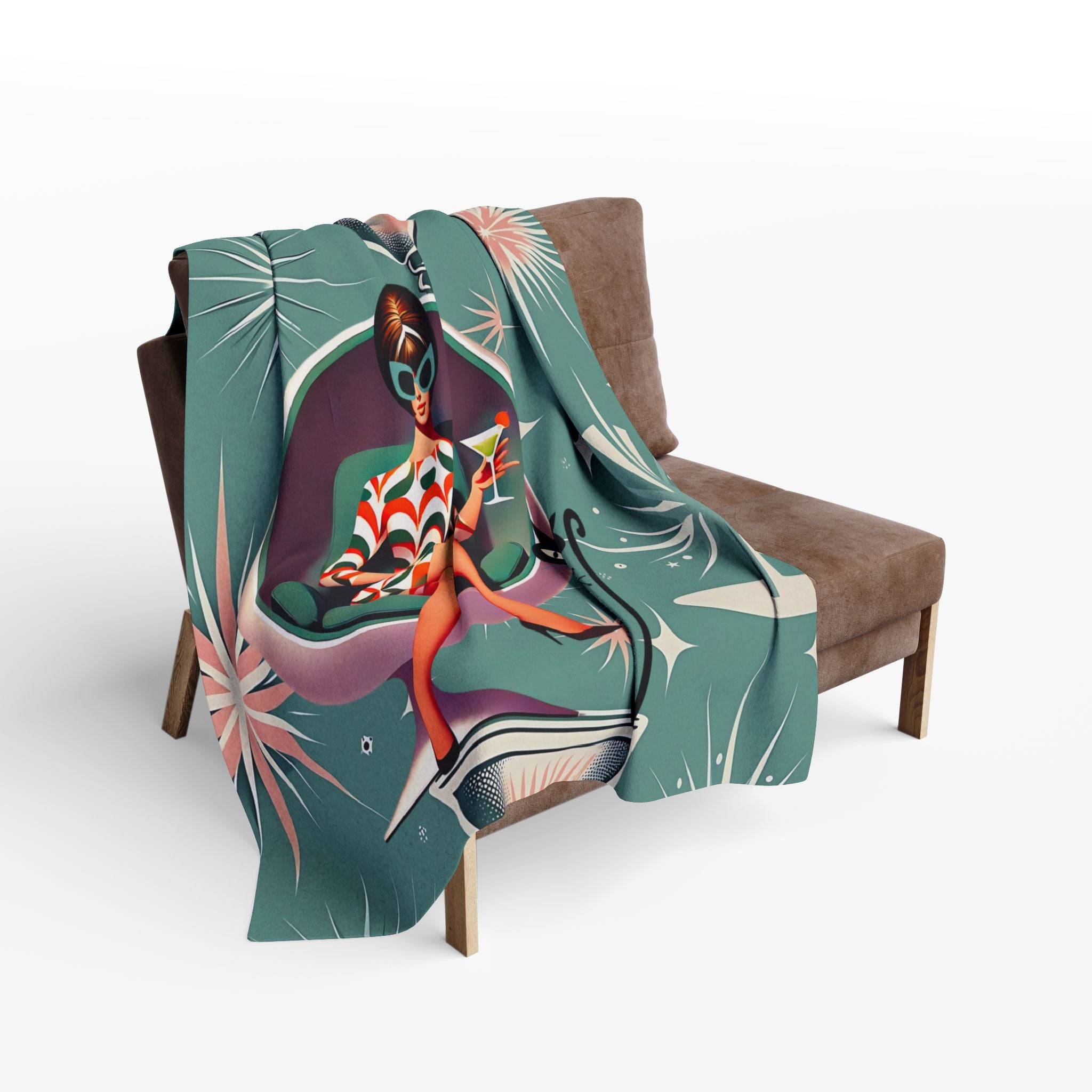 Mid Mod 60s Gal, Retro Glam Arctic Fleece Blanket | Mid-Century Modern Design with Martini & Cat - Mid Century Modern Gal
