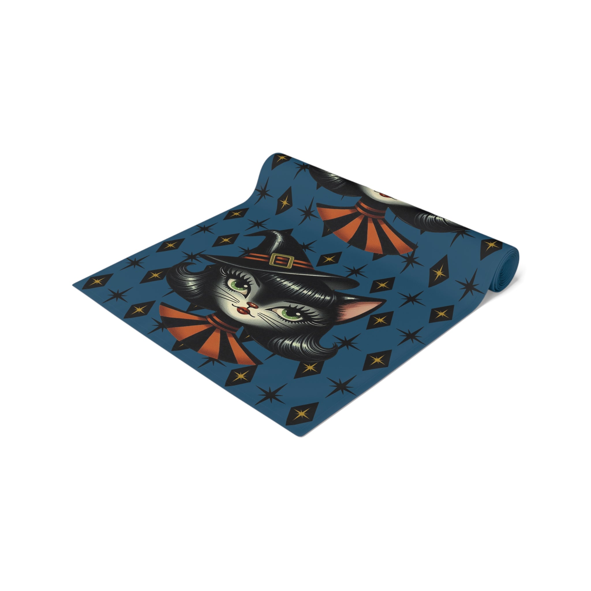 Vintage Halloween Black Cat Sexy Sexton Mid Century Modern Blue Table Runner - Mid Century Modern Gal