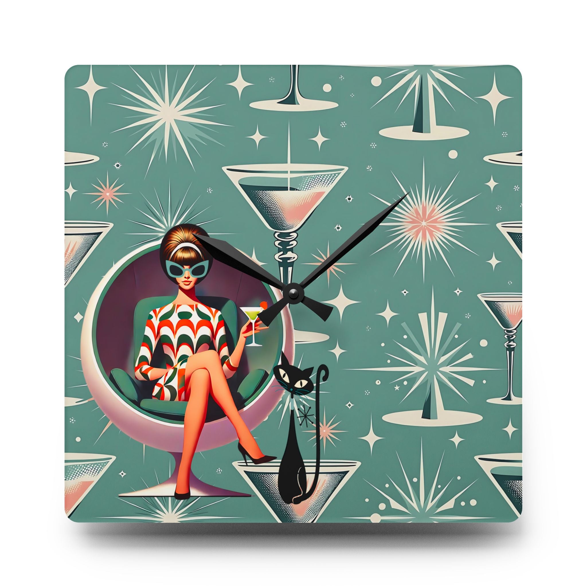 Retro 60s Gal, Martini Lover, Atomic Cat Glam Acrylic Wall Clock - Mid-Century Modern Design with Chic Cocktail Vibe - Mid Century Modern Gal