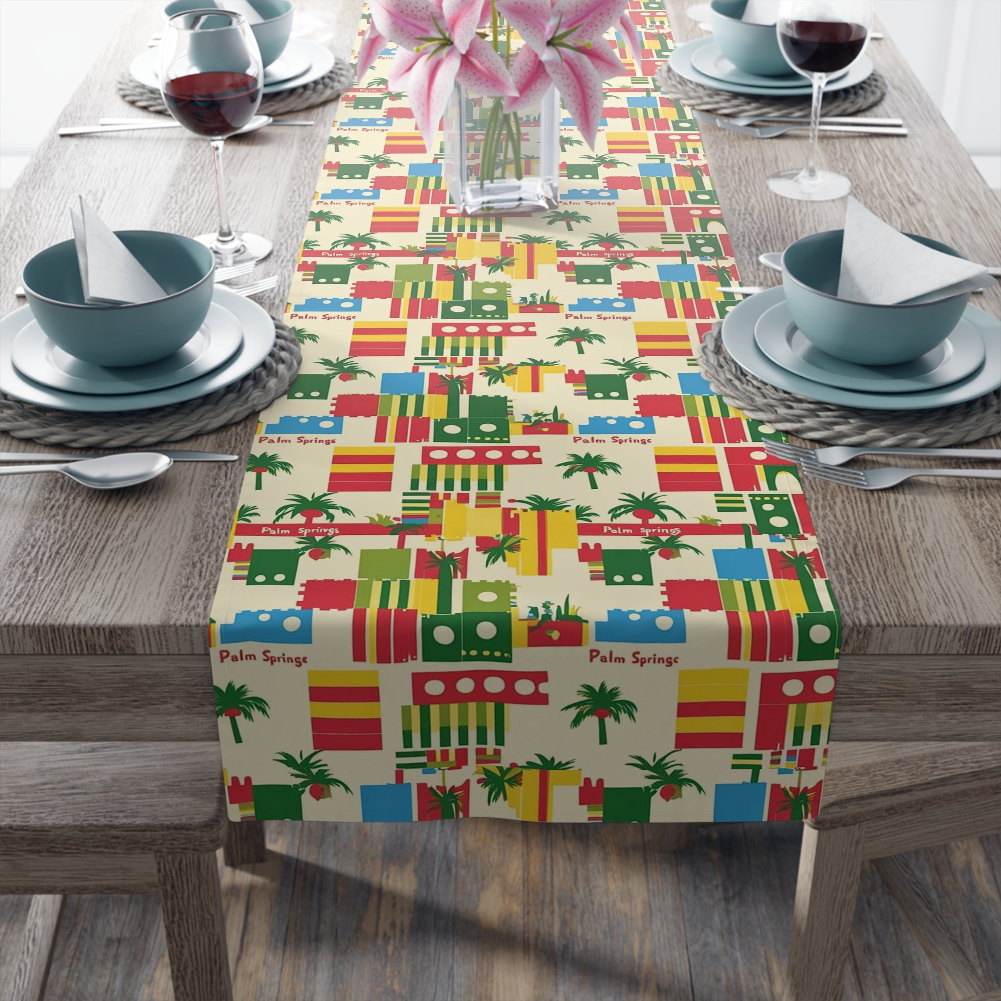 Tropical Palms Spring California Paradise Table Runner - Bright Cotton & Poly Design for Summer Dining - Mid Century Modern Gal