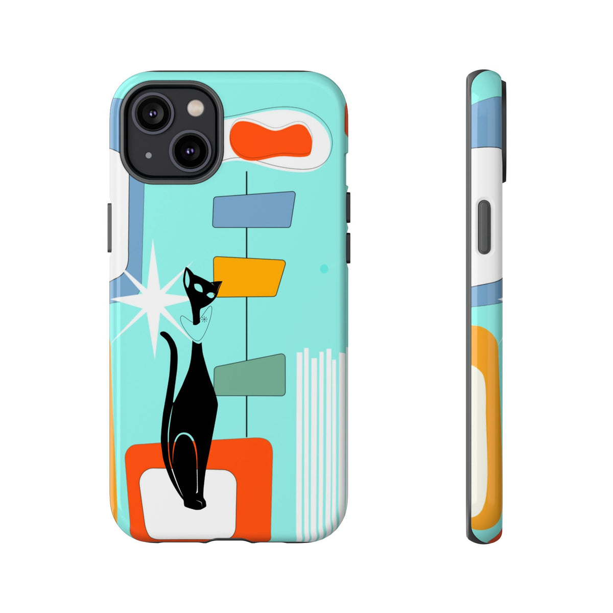 Atomic Cat, Mid Mod Aqua Blue, Geometric, Samsung, Google Pixel, Apple iPhone Tough Cases - Mid Century Modern Gal