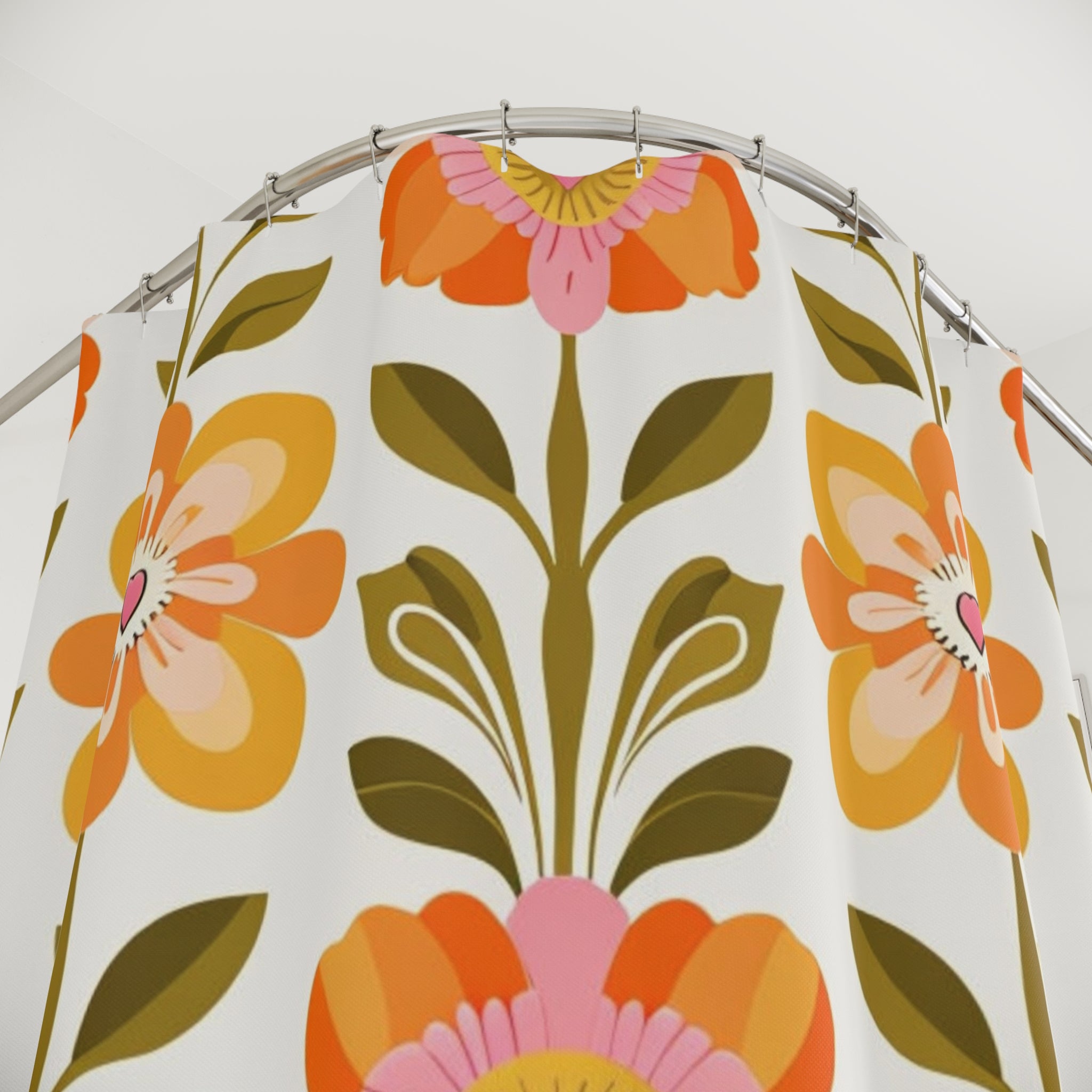 Scandinavian Floral Modern Danish Orange Yellow Green Boho Floral Shower Curtain - Mid Century Modern Gal