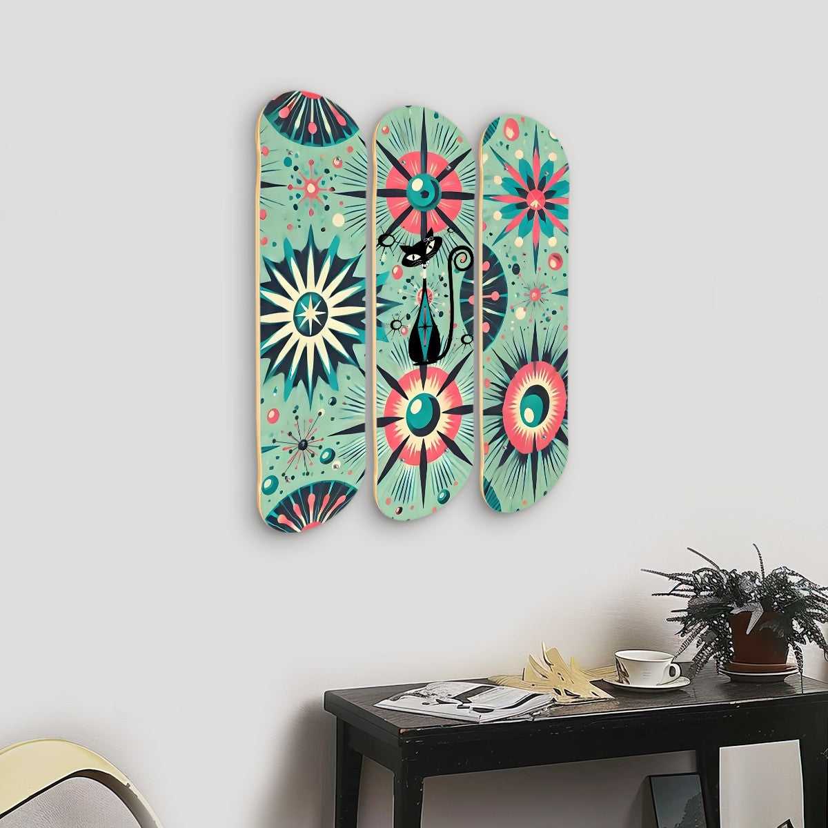 Mid Century Modern Wall Art Atomic Cat, Atomic Age Starburst Retro Wood Wall Art - Mid Century Modern Gal