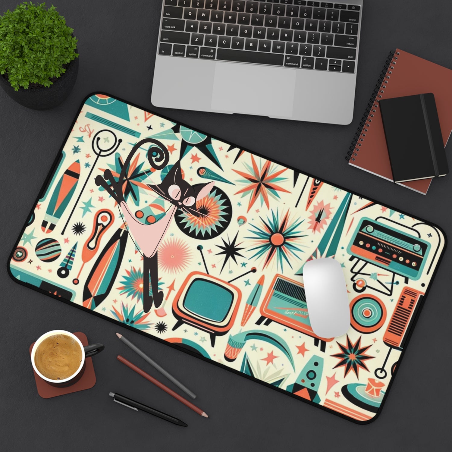 Atomic Space Cat Mid Century Modern  Aqua Coral, Kitschy Desk Mat - Mid Century Modern Gal
