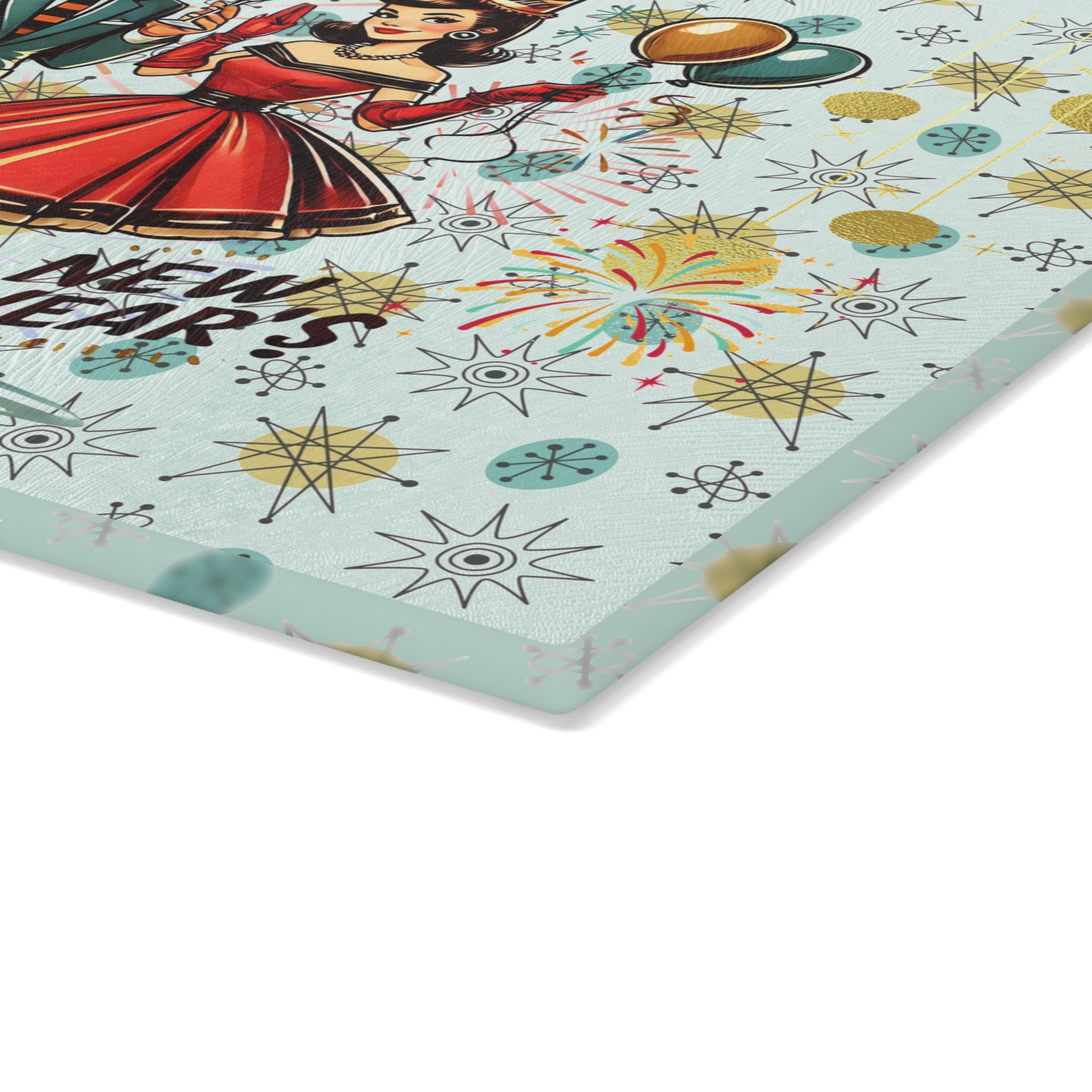 Mid Century Modern Franciscan Diamond Kitschy Couple New Year Party Cheese Board, Glass Cutting Board - Mid Century Modern Gal