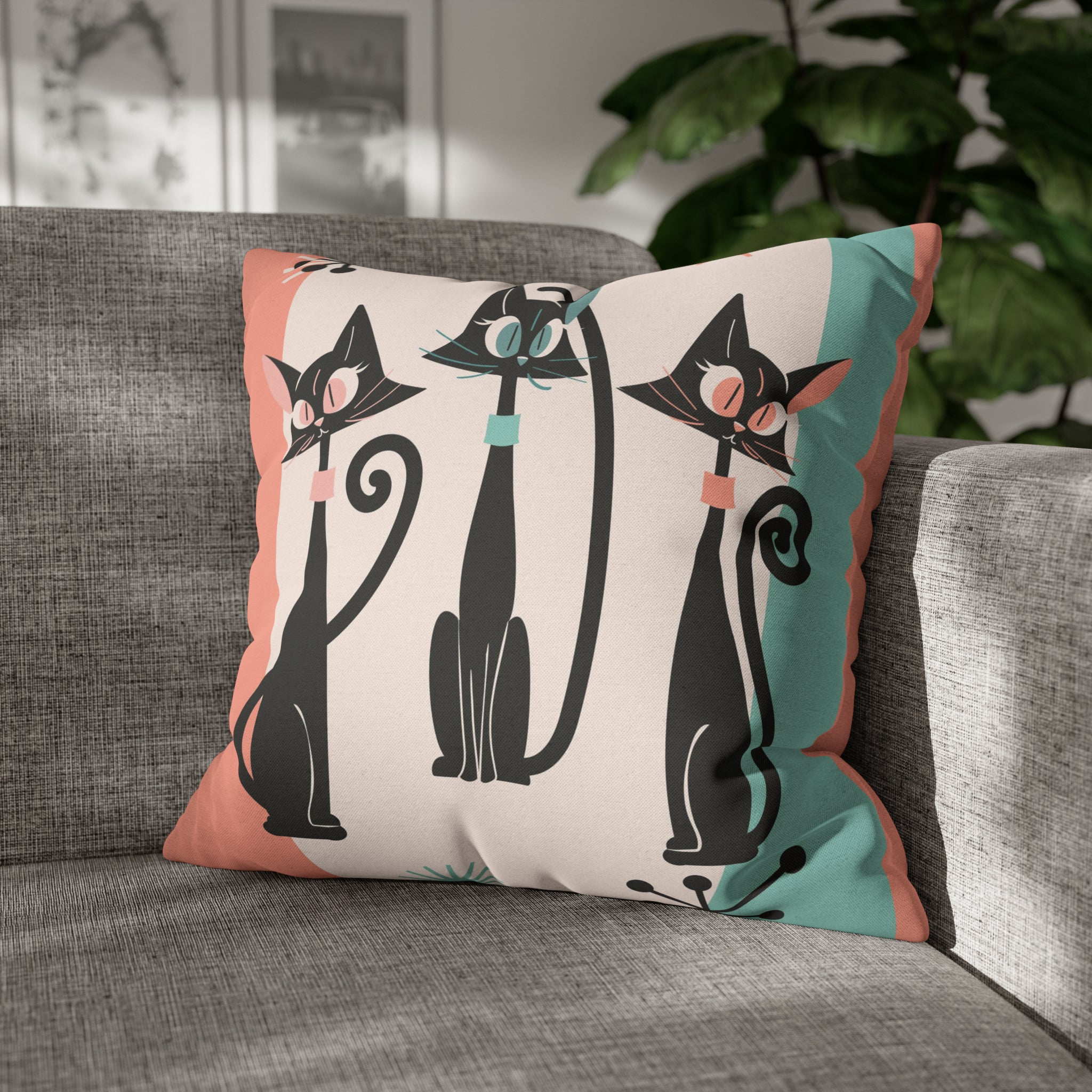 Atomic Cat Pillow, Kitschy 50s Mid Century Modern Style, Coral, Aqua, Creamy Beige, Retro MCM Atomic Home Living Pillow COVER - Mid Century Modern Gal