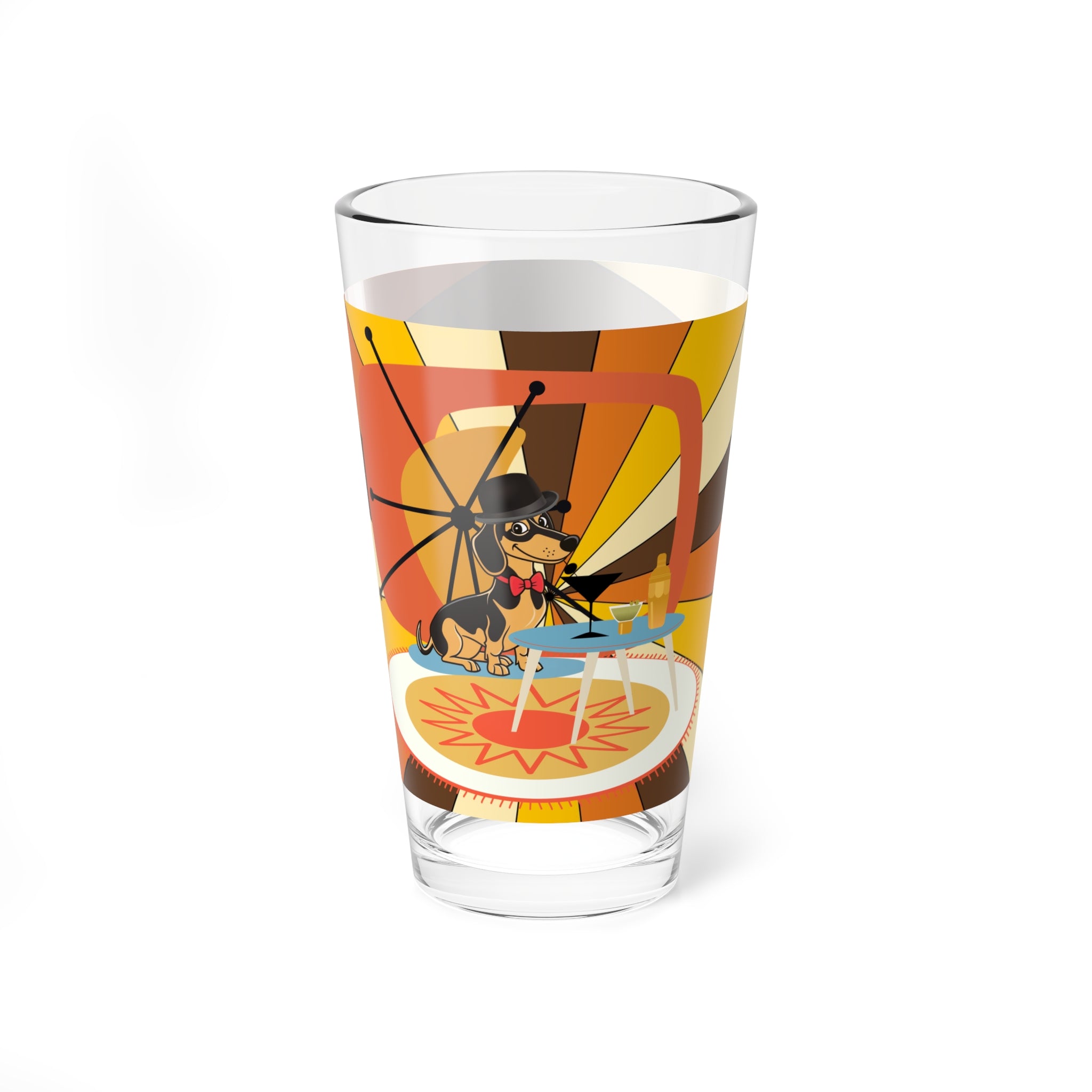 Retro Doxie Weiner Dog, Dachshund Groovy Mod Vintage Cocktail Mixing Glass with Playful Dog Design - 16oz - Mid Century Modern Gal