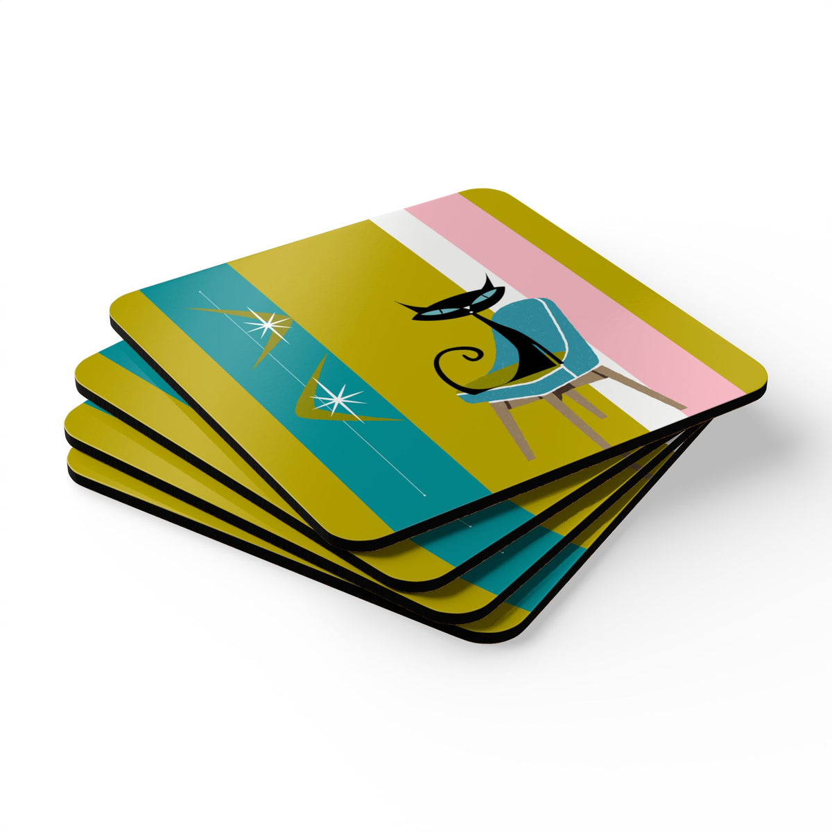 Atomic Cat Boomerang Green, Teal, Pink, White Retro 60's 70's Corkwood Coaster Set - Mid Century Modern Gal