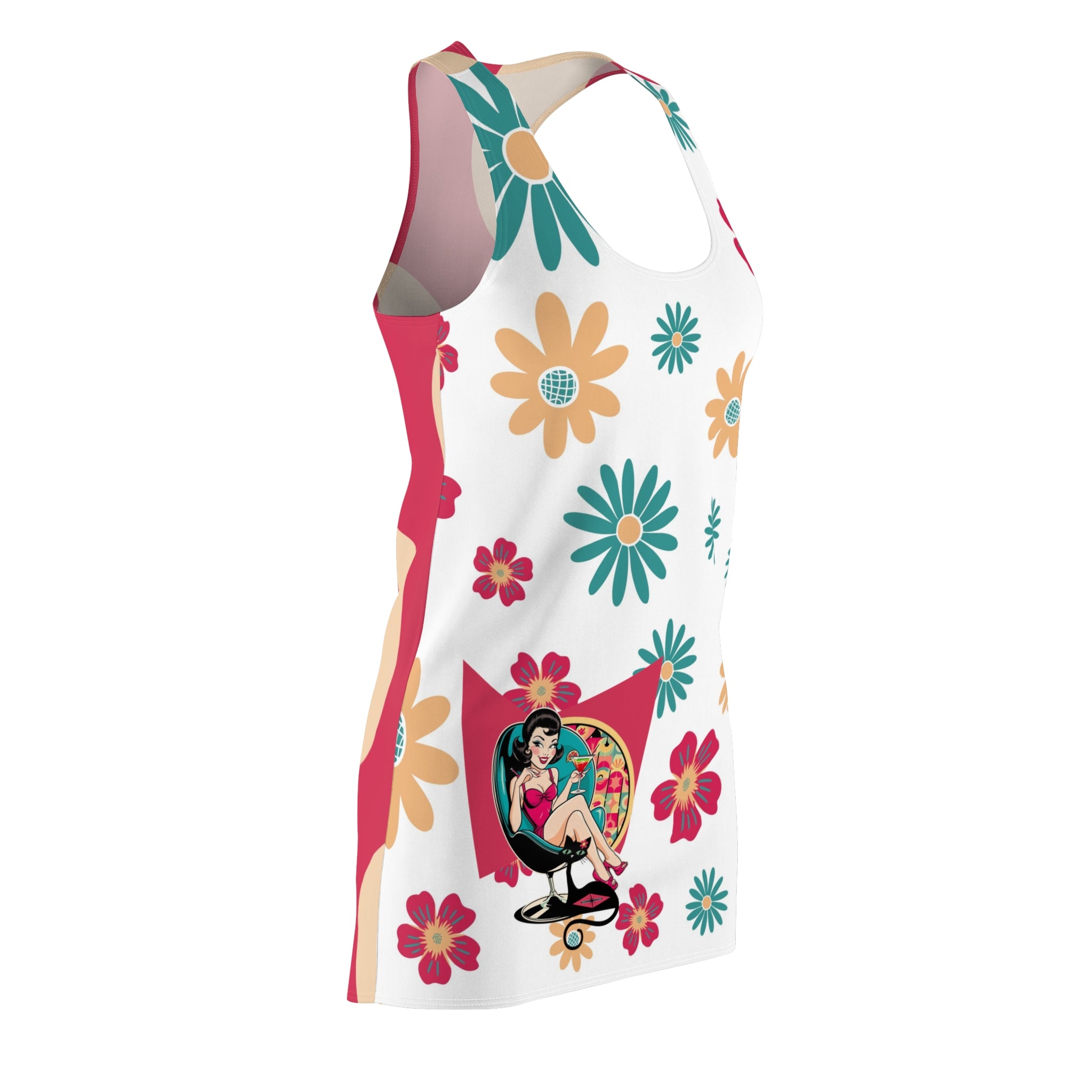 70s Retro Gal Floral Retro Racerback Dress - Casual Summer Outfit for Women - Mid Century Modern Gal