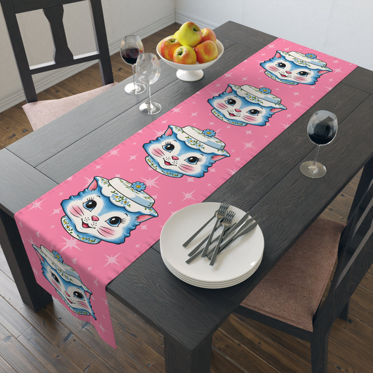 Mid Century Modern Kitschy Anthropomorphic Blue Cat with Floral Hat Table Runner - Mid Century Modern Gal