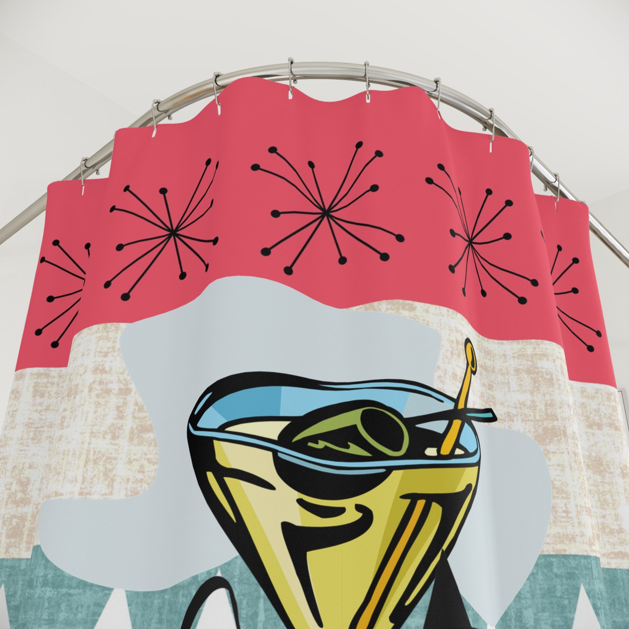 Atomic Cat, Martini Tini Time Kitschy Coral, Teal Atomic Starbursts Retro Cocktail Shower Curtain – Fun Mid-Century Design for Home Decor - Mid Century Modern Gal
