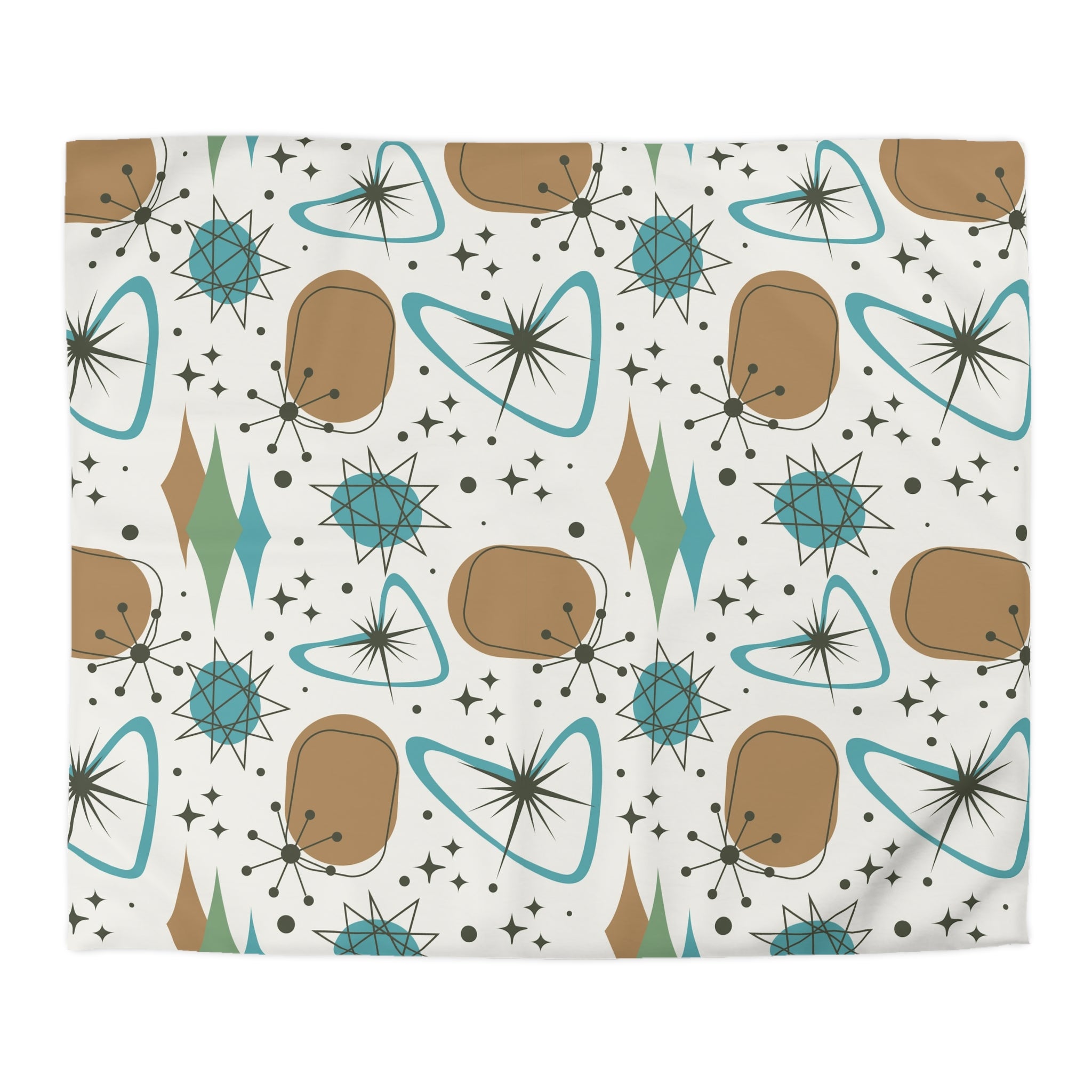 Mid Century Modern Franciscan Starburst Camel Brown, Beige Teal Starburst Retro-Modern Duvet Cover - Mid Century Modern Gal