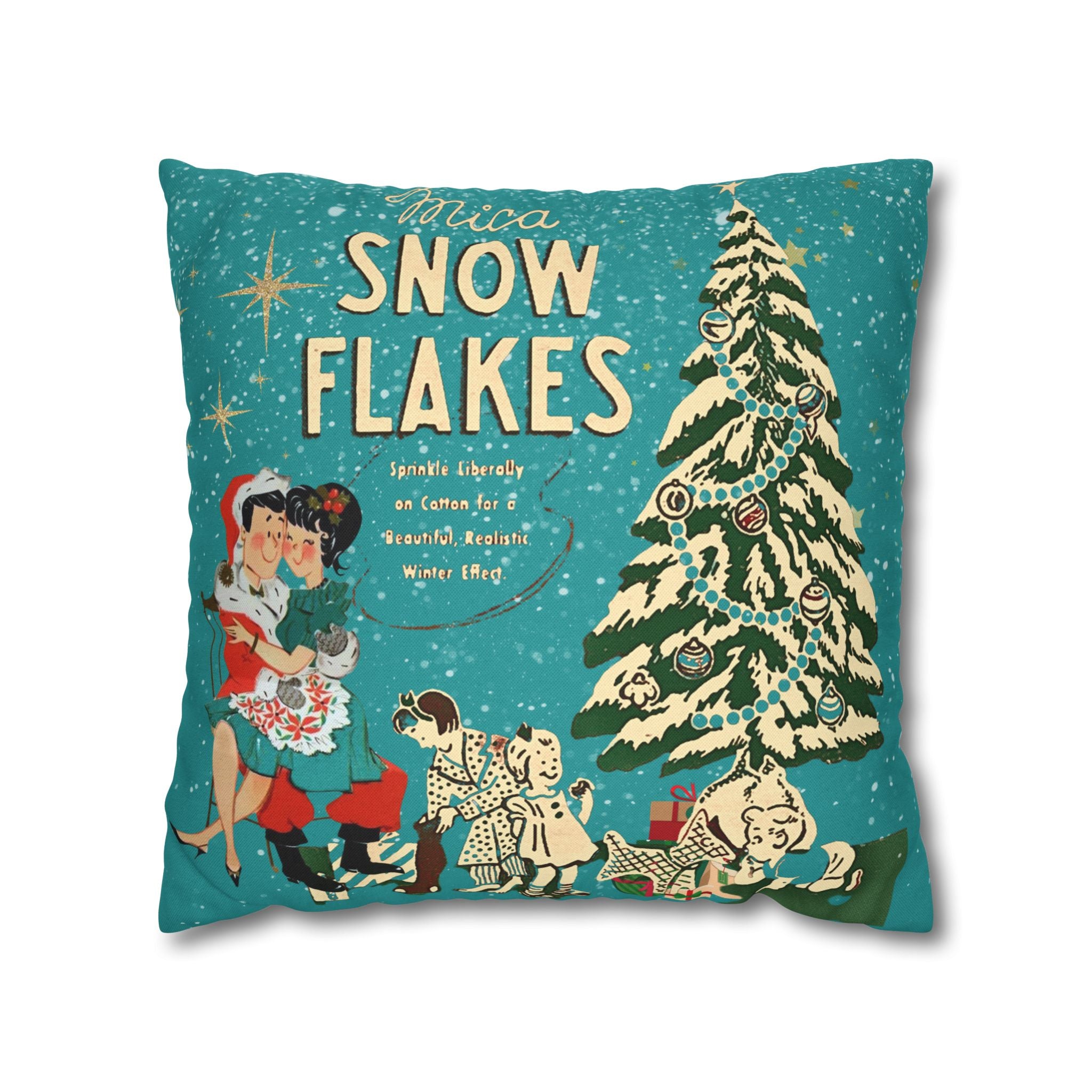 50s Mica Snow Christmas Pillow, Kitschy Mod Couple, Festive Fun Pillow Cover - Mid Century Modern Gal