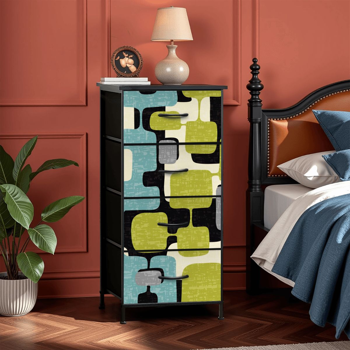 geometric design dresser Mid Century Modern Designed Mod Teal Green 4-Drawer pattern furniture Shoes for a Formal party prom dress painted geometric piece is Color:Magenta
