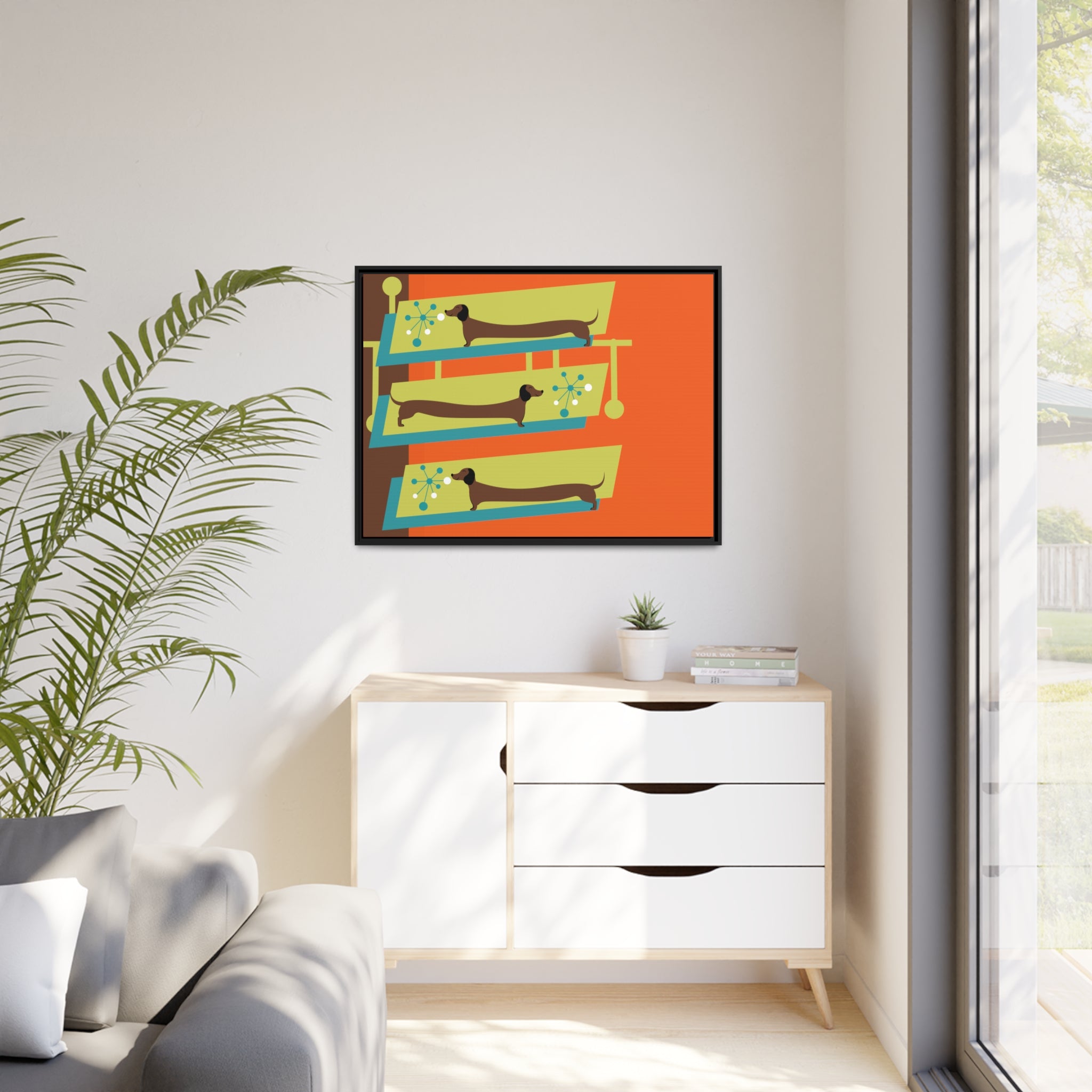 Mid Mod Doxie Dog MCM Wall Art, Orange, Green Teal, Mid Century Modern Wall Art - Mid Century Modern Gal