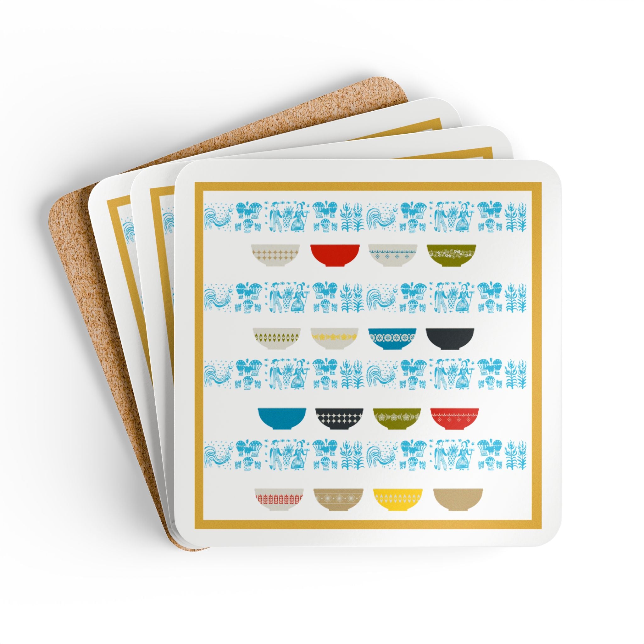 Pyrex Collector, Kitschy Kitchen Pyrex Designed, Lady On the Left, Buttermilk Bowls, Corkwood Coaster Set - Mid Century Modern Gal
