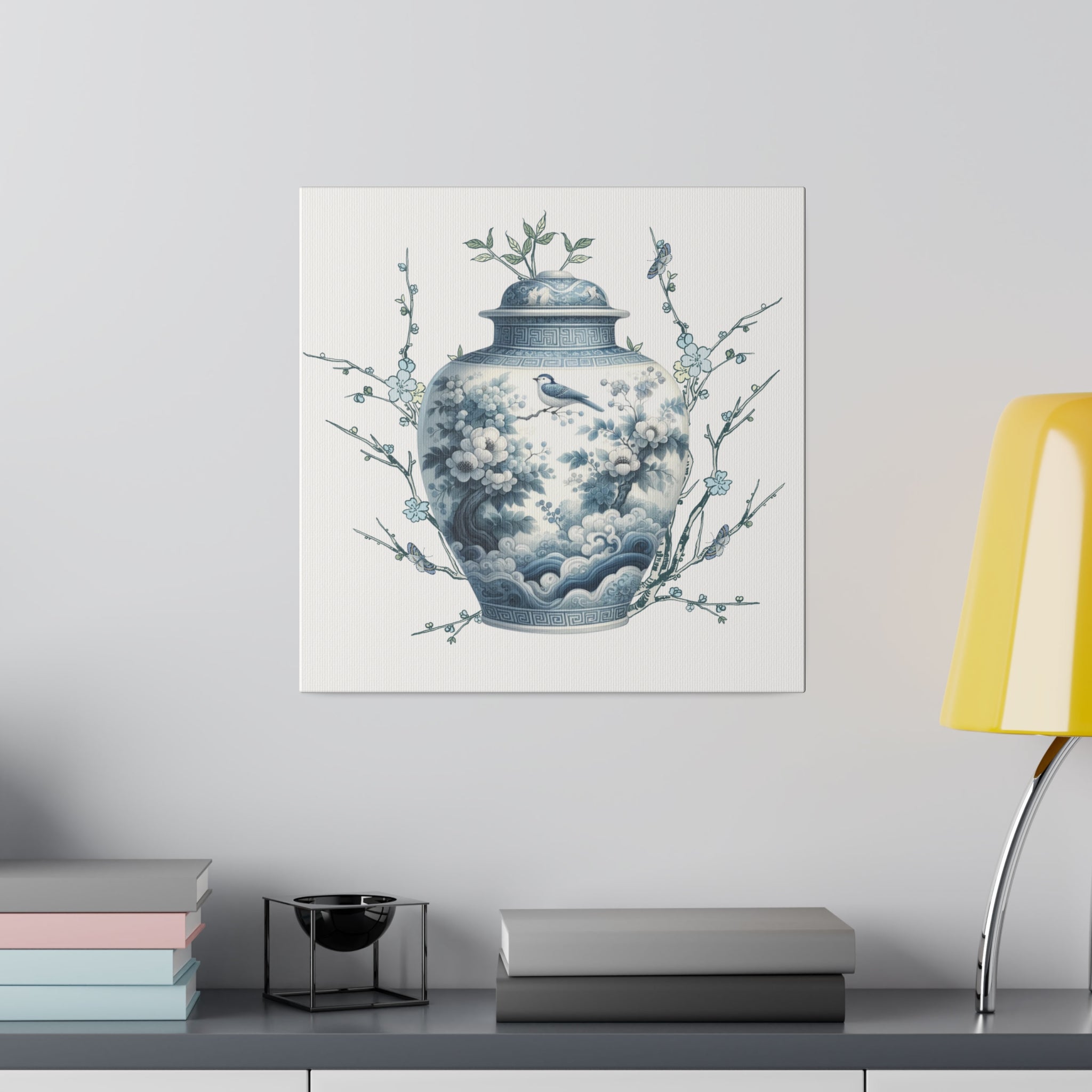 Chinoisiere Wall Art, Ginger Jar, Florals, Birds, Southern Elegance, Matte Canvas - Mid Century Modern Gal