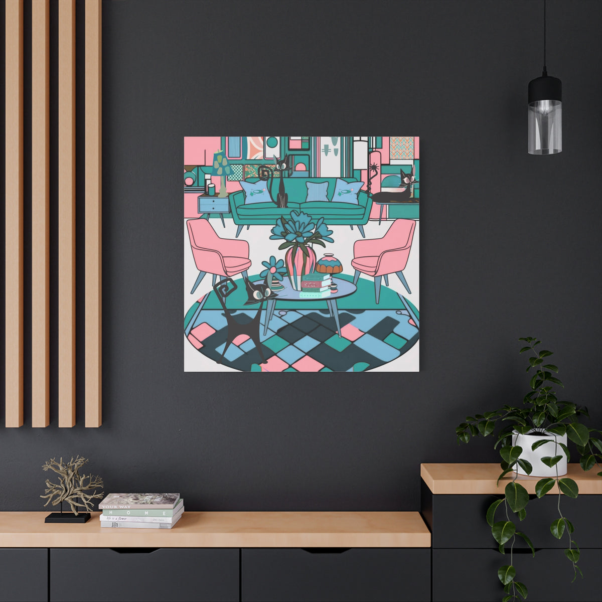 Atomic Cat Mid Century Modern Wall Art Colorful Cat-Themed Canvas Art - Mid Century Modern Gal