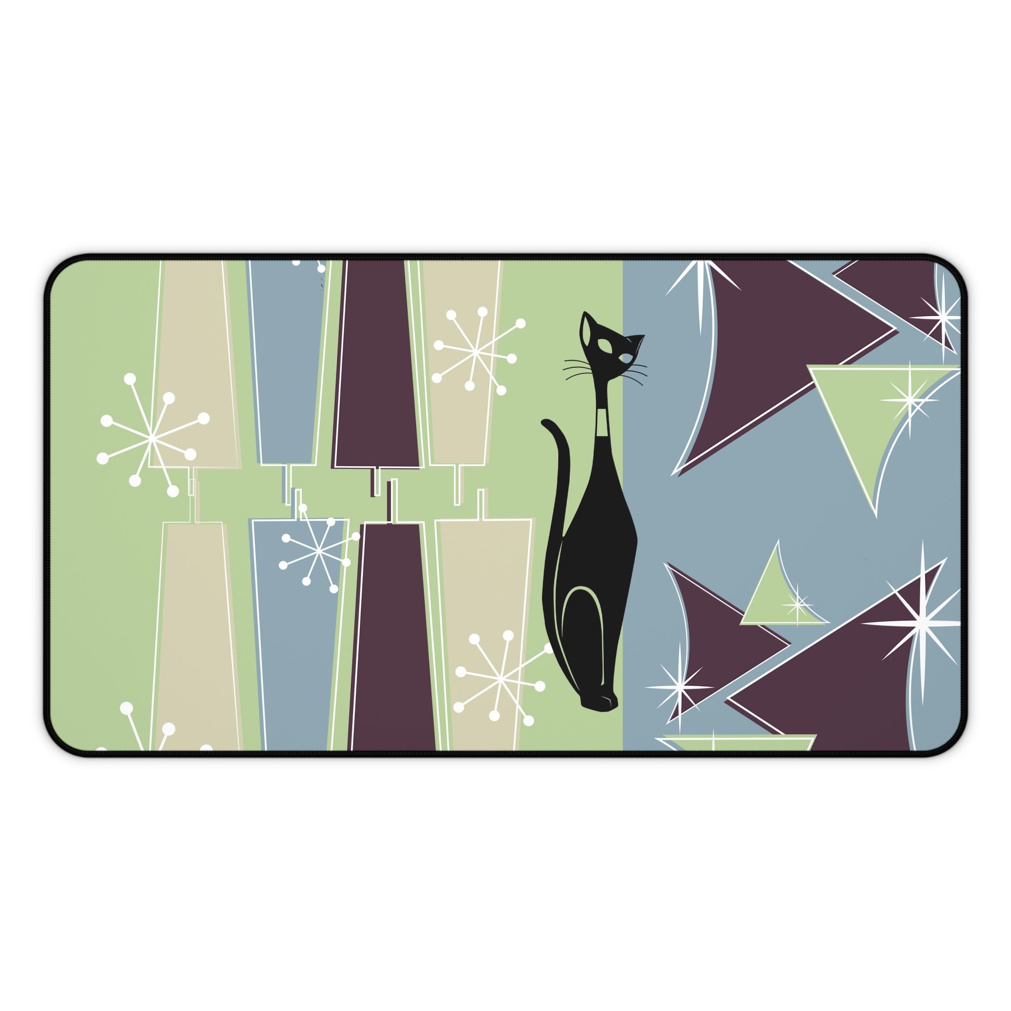 Mid Century Modern, Atomic Cat, Green, Blue, Purple, Starburst Retro MCM Desk Mat - Mid Century Modern Gal