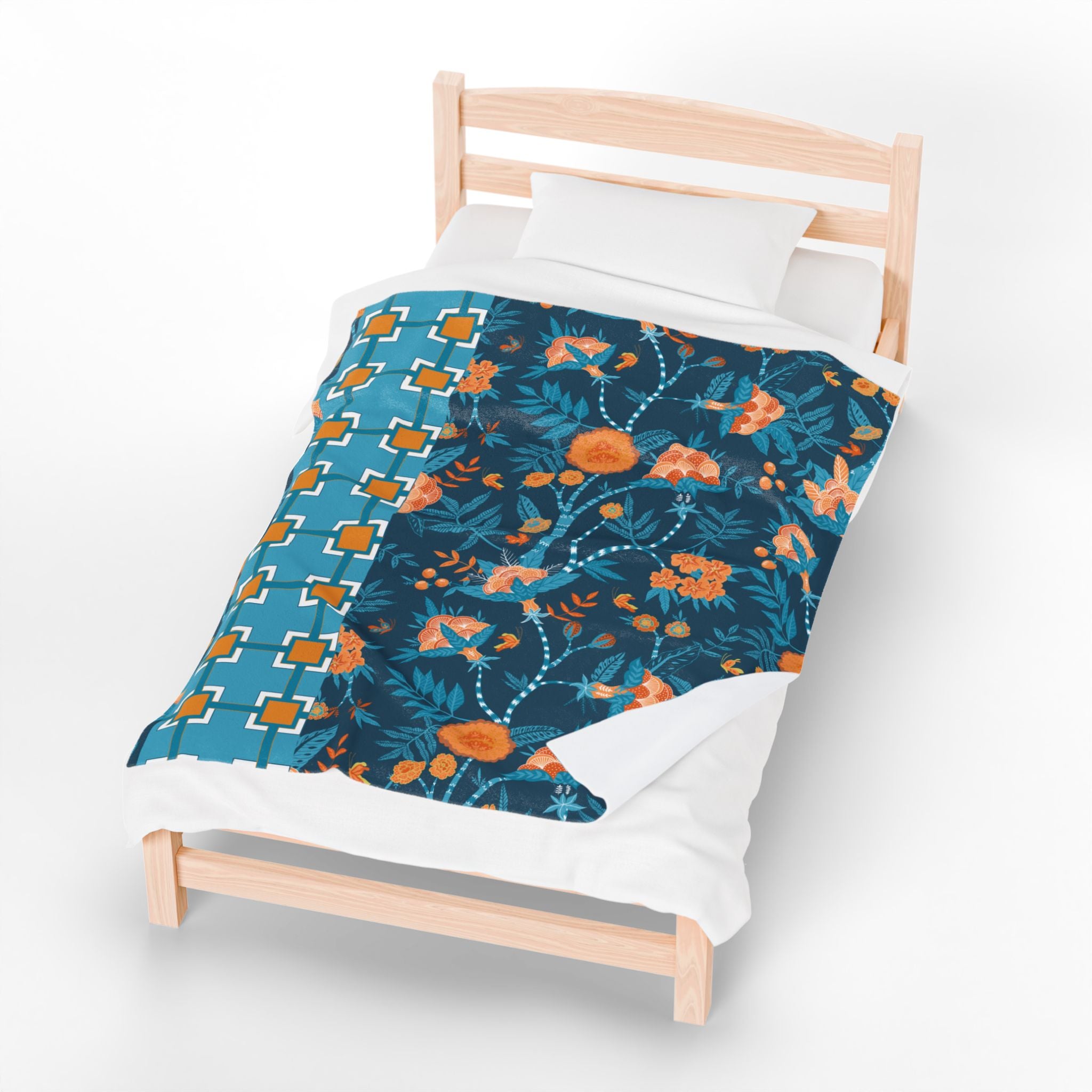 Chinoiserie Throw Blanket Blue, Orange Tropical Floral Velveteen Plush Blanket - Cozy Home Decor for All Seasons - Mid Century Modern Gal