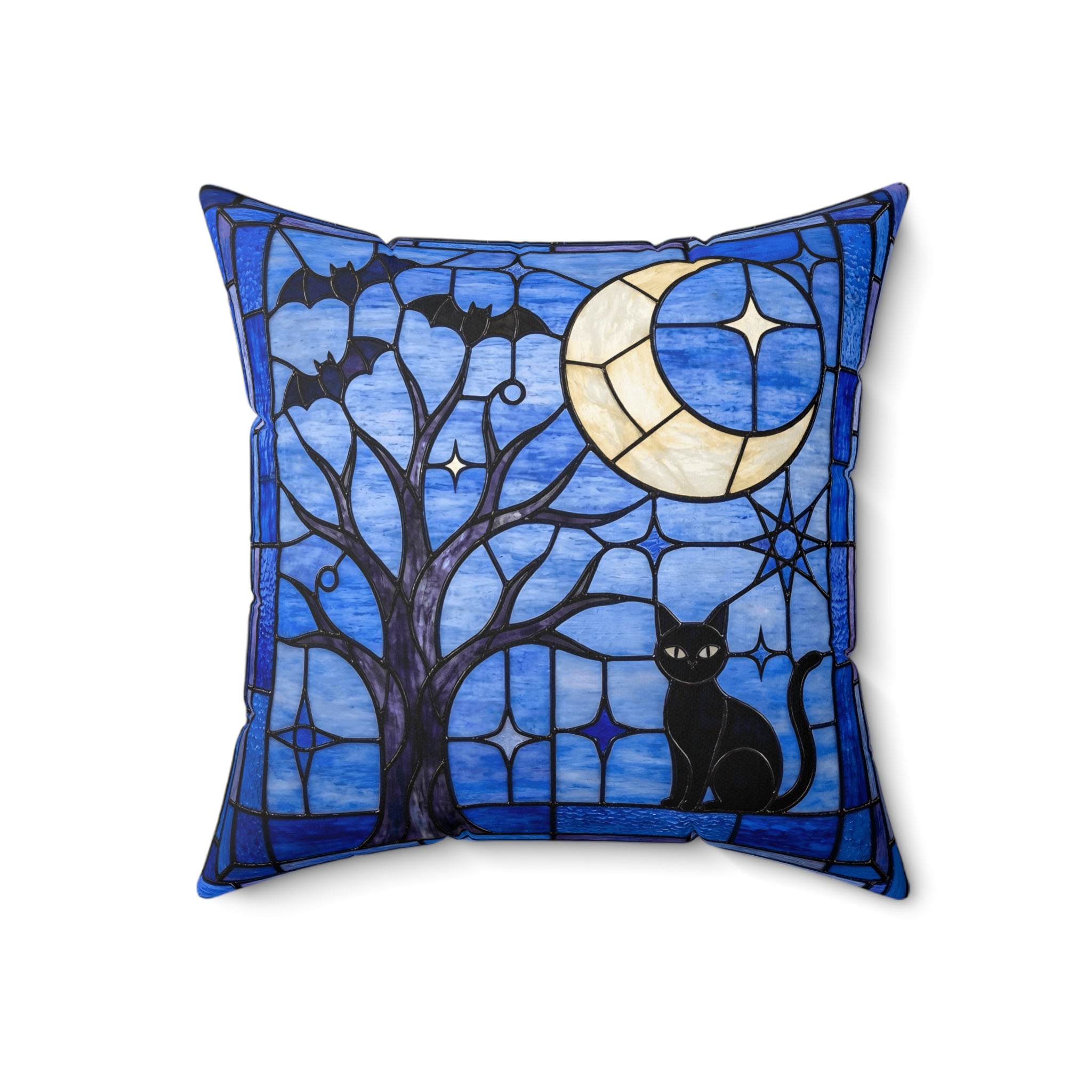 Halloween Stained Glass Inspired Night Sky Black Cat Pillow Cover and Insert - Mid Century Modern Gal