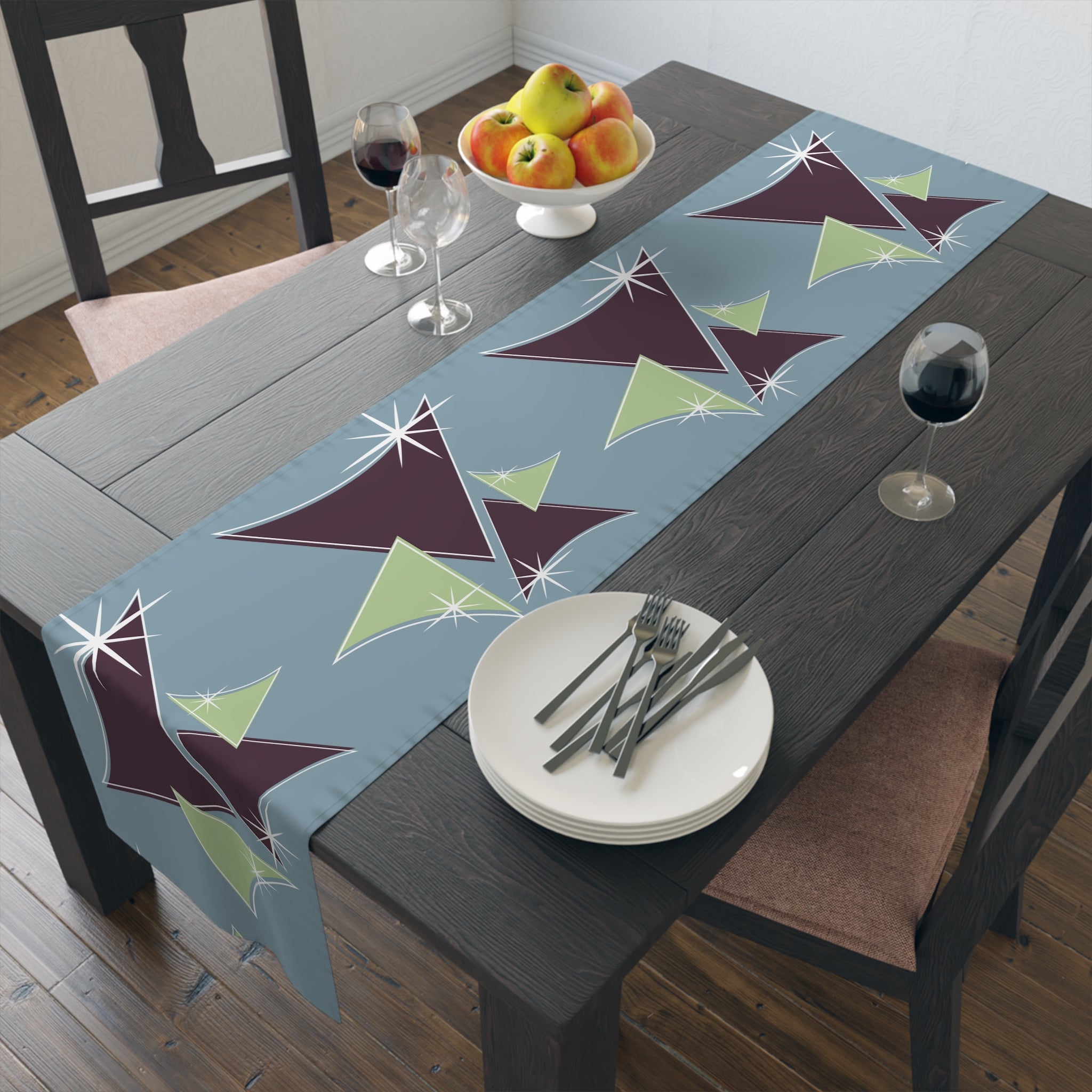 Mid Century Modern Table Runner Indigo Blue, Purple Green Retro Table Linens - Mid Century Modern Gal