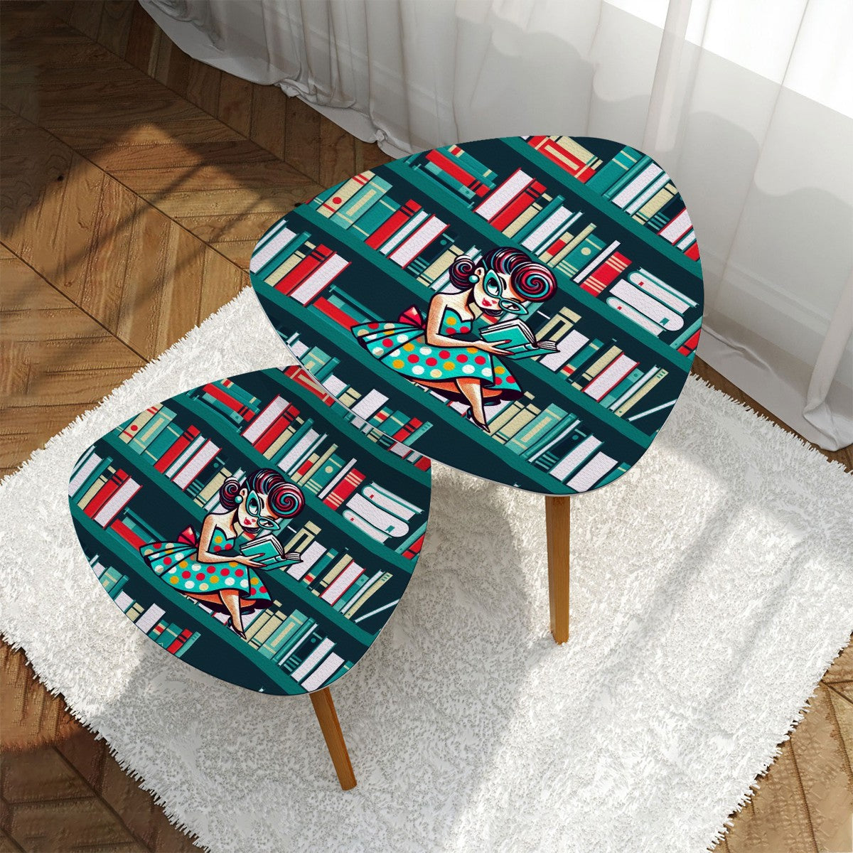 Mid Century Modern Office, Den, Retro Gal, Book Lover Triangle Coffee Table Set of 2 - Mid Century Modern Gal