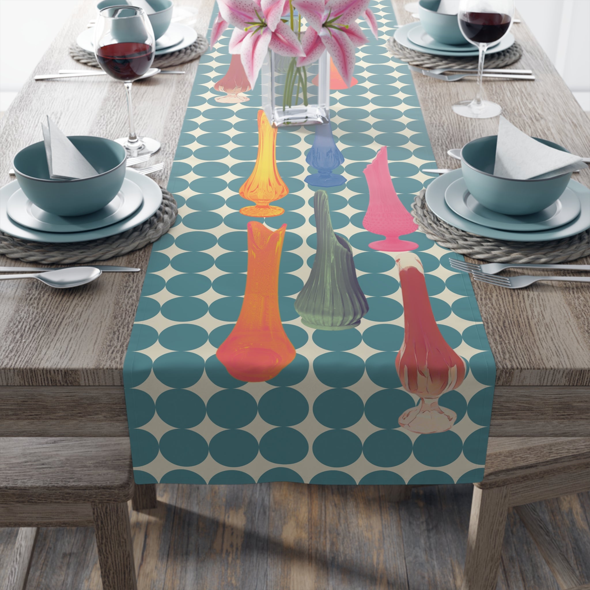 Mid Century Modern Swung Glass Retro Dots, Colorful Patterned Table Runner for Festive Dining - Mid Century Modern Gal