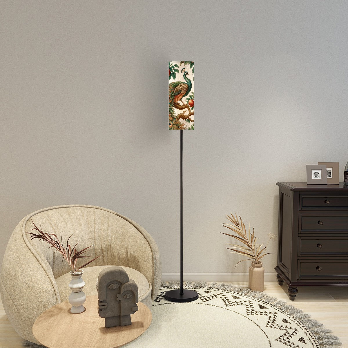 Floral Peacock Asian Infused Modern Slim Floor Lamp With Remote - Mid Century Modern Gal