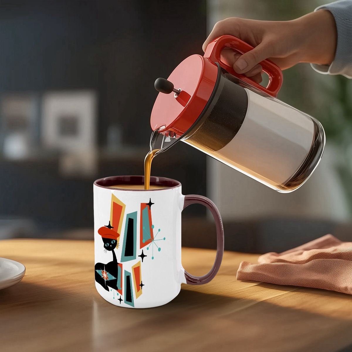 Atomic Cat Mid Century Modern Coffee Mug With Geometric Design
