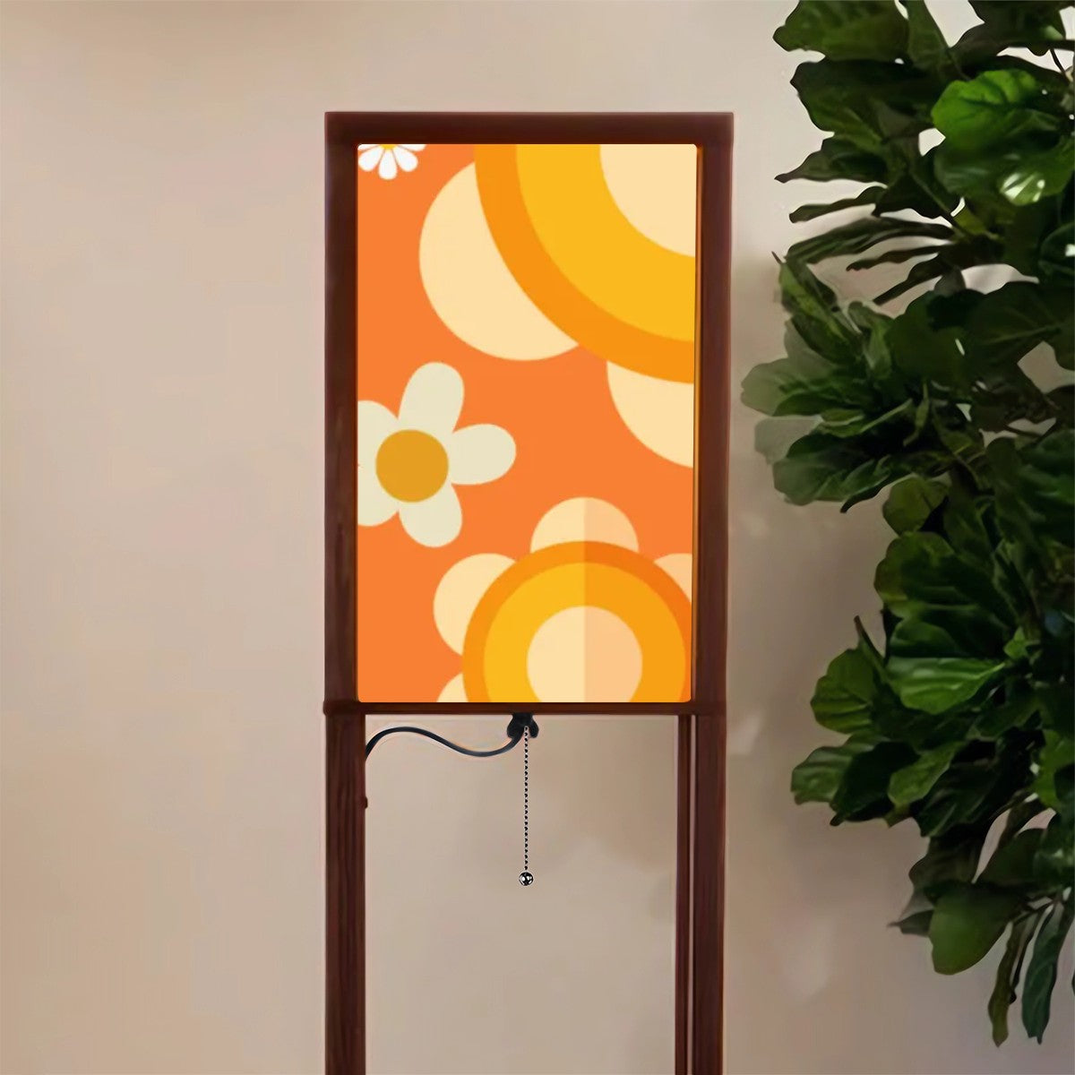 Flower Power Retro Mod Daisy Orange, Mid Century Modern Floor Lamp with Shelves - Mid Century Modern Gal