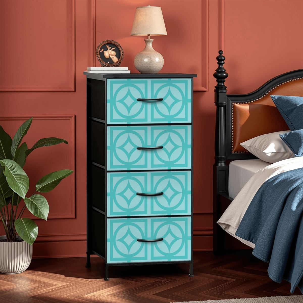 blue 4 drawer dresser Mid Century Modern Breeze Block Designed Mod 4-Drawer SPINE OPEN BACK SIDE luxury gothic furniture Colour:Dark-Navy The tall dresser features