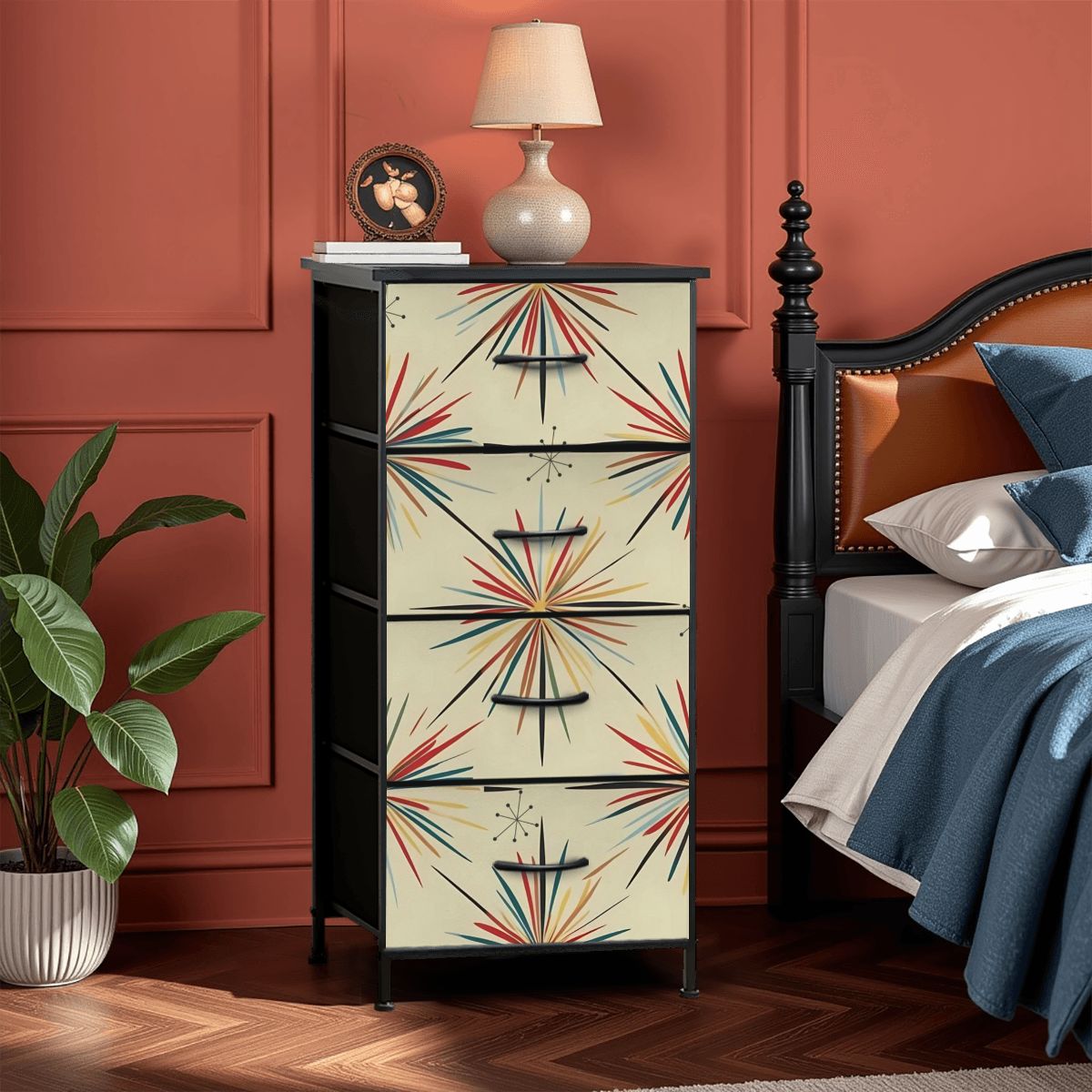 Mid Century Modern Atomic 50s Starbursts 4-Drawer Dresser - Mid Century Modern Gal