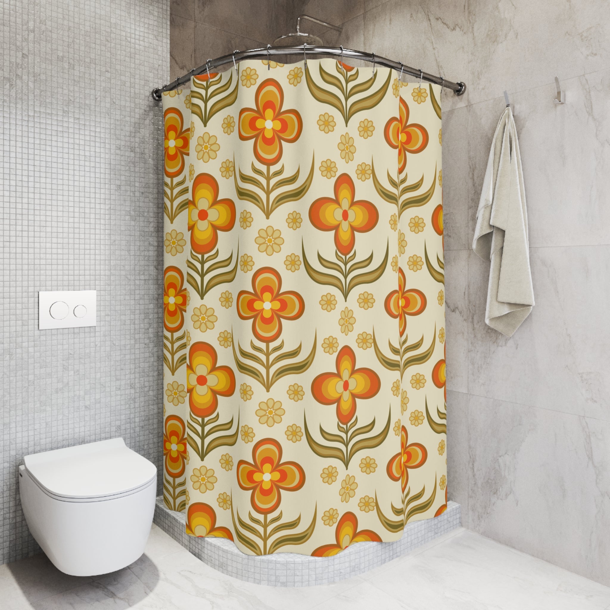 1970s Print Shower Curtain, Flower Power Groovy Retro Bath Decor - Mid Century Modern Gal