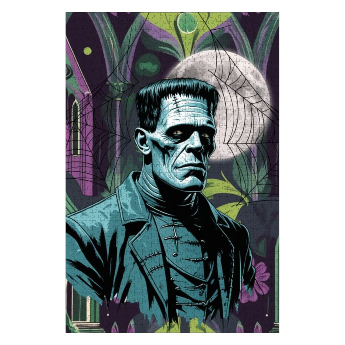 Retro Gothic Frankenstein Mid Mod Spooky Horror Wooden Jigsaw Puzzle - Mid Century Modern Gal