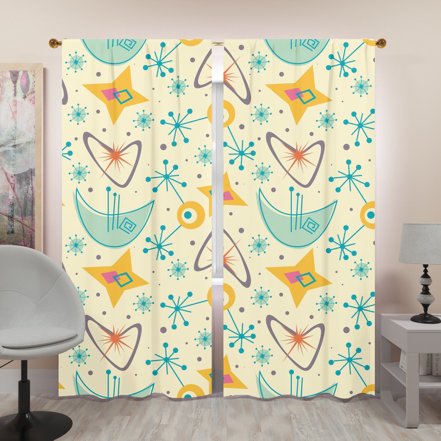 Mid Century Modern Atomic Boomerang, Retro Starburst Window Curtains (two panels) - Mid Century Modern Gal