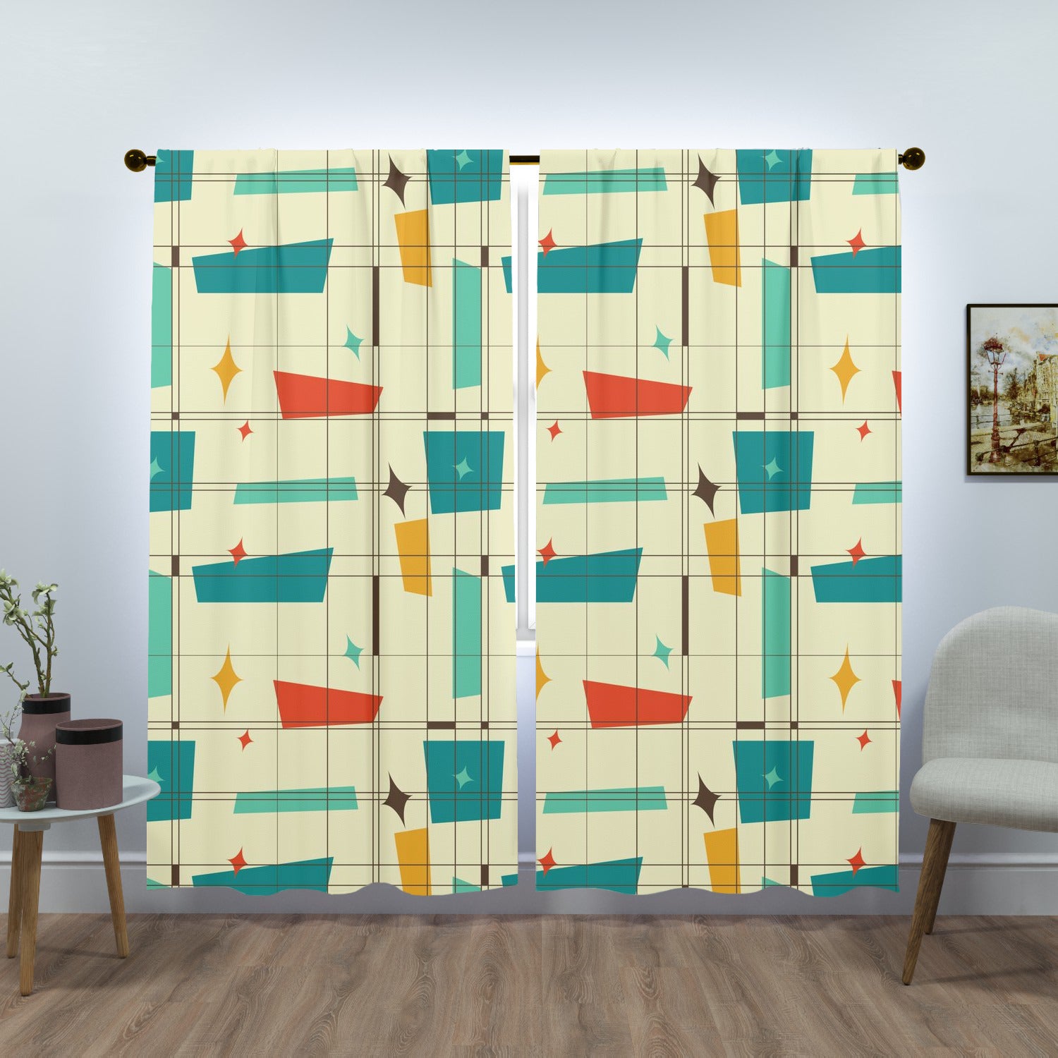 Mid Century Modern Fun And Funky Geometric Retro Window Curtains (two panels) - Mid Century Modern Gal